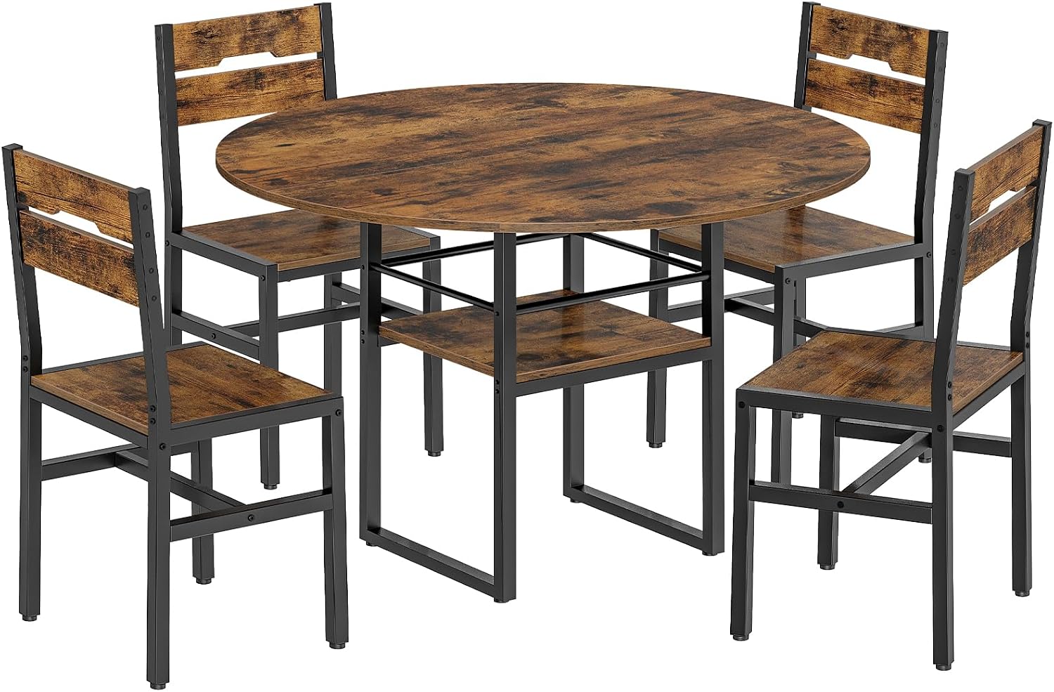 RALGEND Round Dining Table Set for 4, 5-Piece Kitchen Table and Chairs with Storage Shelf, Circle Dinner Table Set with Wooden Tabletop & Metal Legs, for Kitchen & Dining Room, Rustic Brown and Black