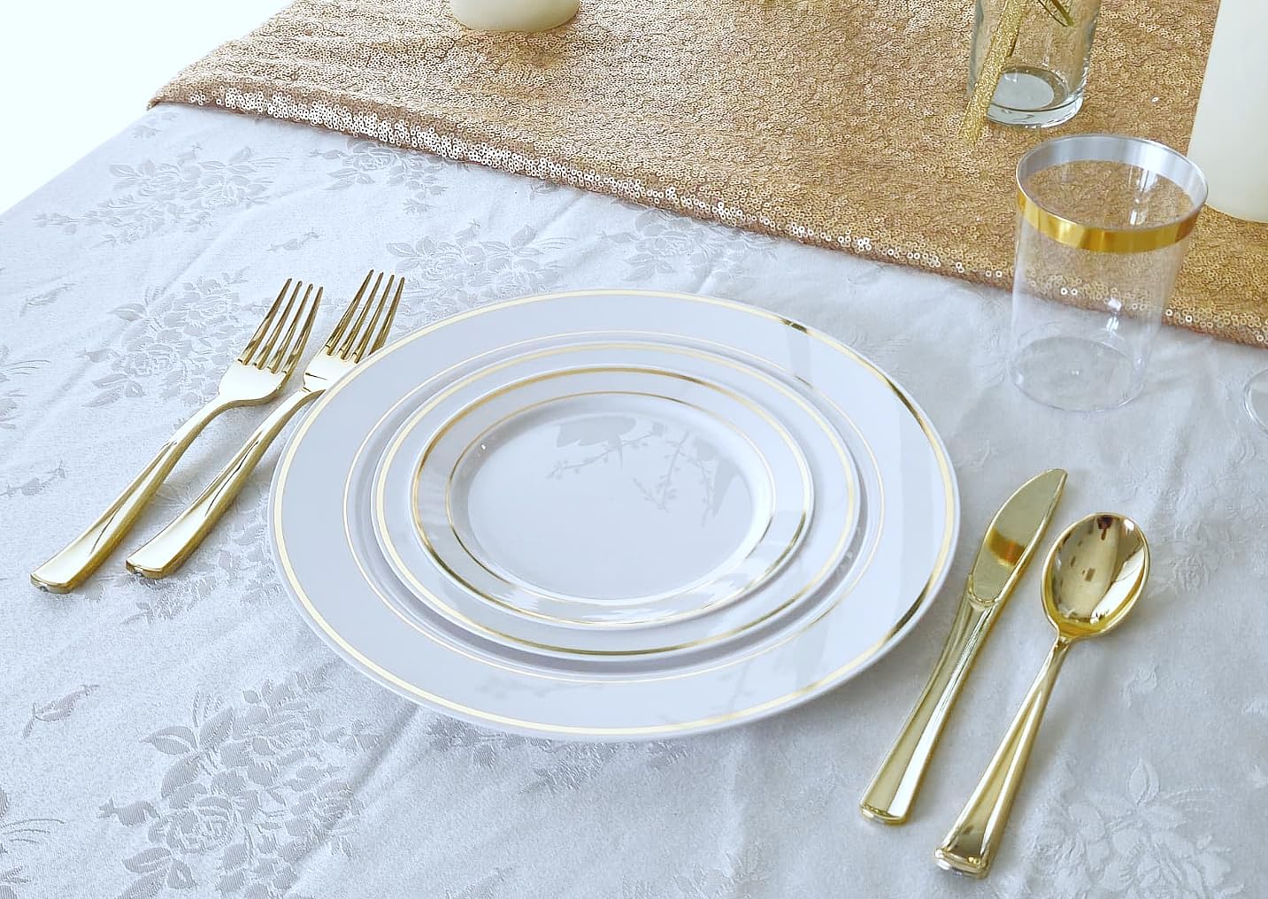 ' OCCASIONS ' 640Piece set (80 Guests)-Heavyweight Wedding Party Disposable Plastic Plate Set -80 x 10.5'' + 80 x 7.5'' + Silverware + Cups +linen like paper Napkins (Ivory & Gold Rim)