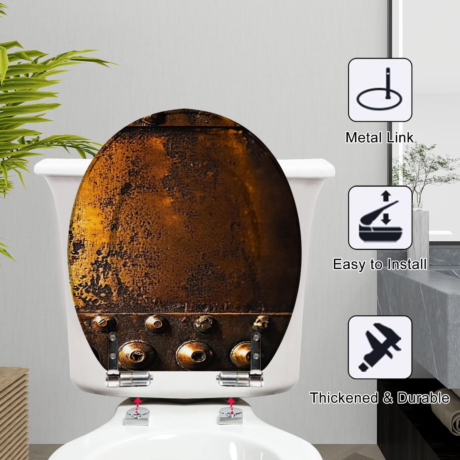 Round Toilet Seat Scratched Copper Rivets Resin Toilet Seat Slow Quiet Close with Quick-Release Hinges Toilet Seat with Cover Easy to Clean Install
