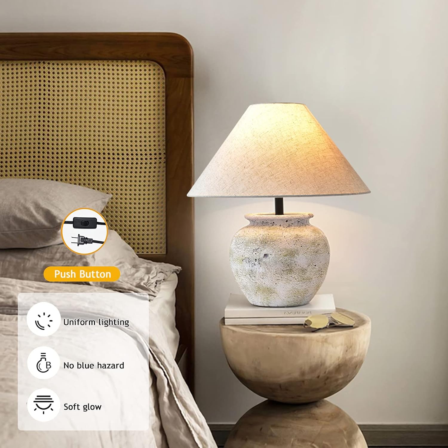 White Rustic Farmhouse Table Lamp 19.6' Tall Ceramic Table Lamp Southwest Handmade Ceramic Lamp Body with Neutral Fabric Drum Shade Decor for Living Room Bedroom Office