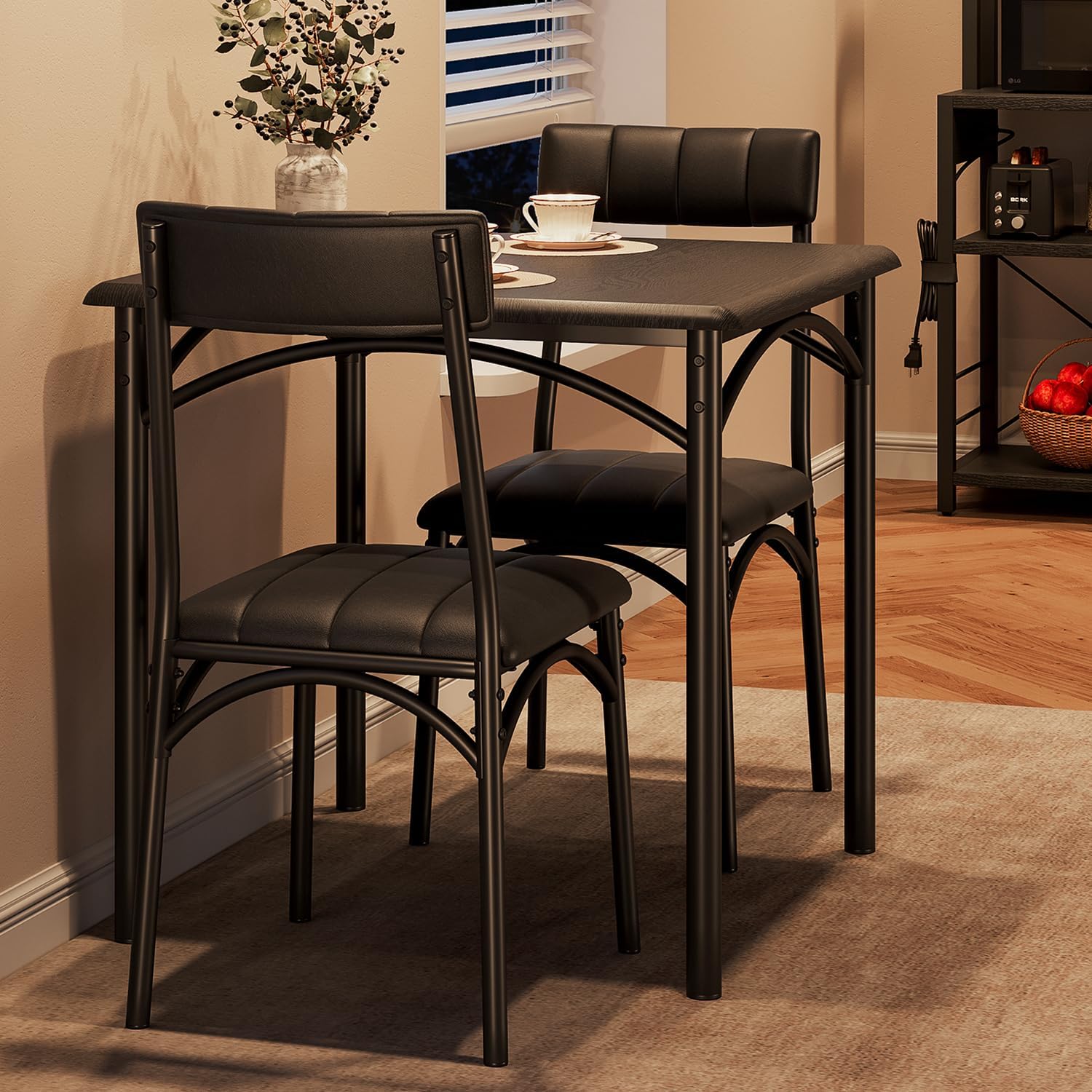 GarveeHome Dining Table Set for 2, Kitchen Table with 2 Upholstered Chairs, Wood Square Dining Table and Chairs Set for Small Space, Apartment, Dinner, Rustic Black