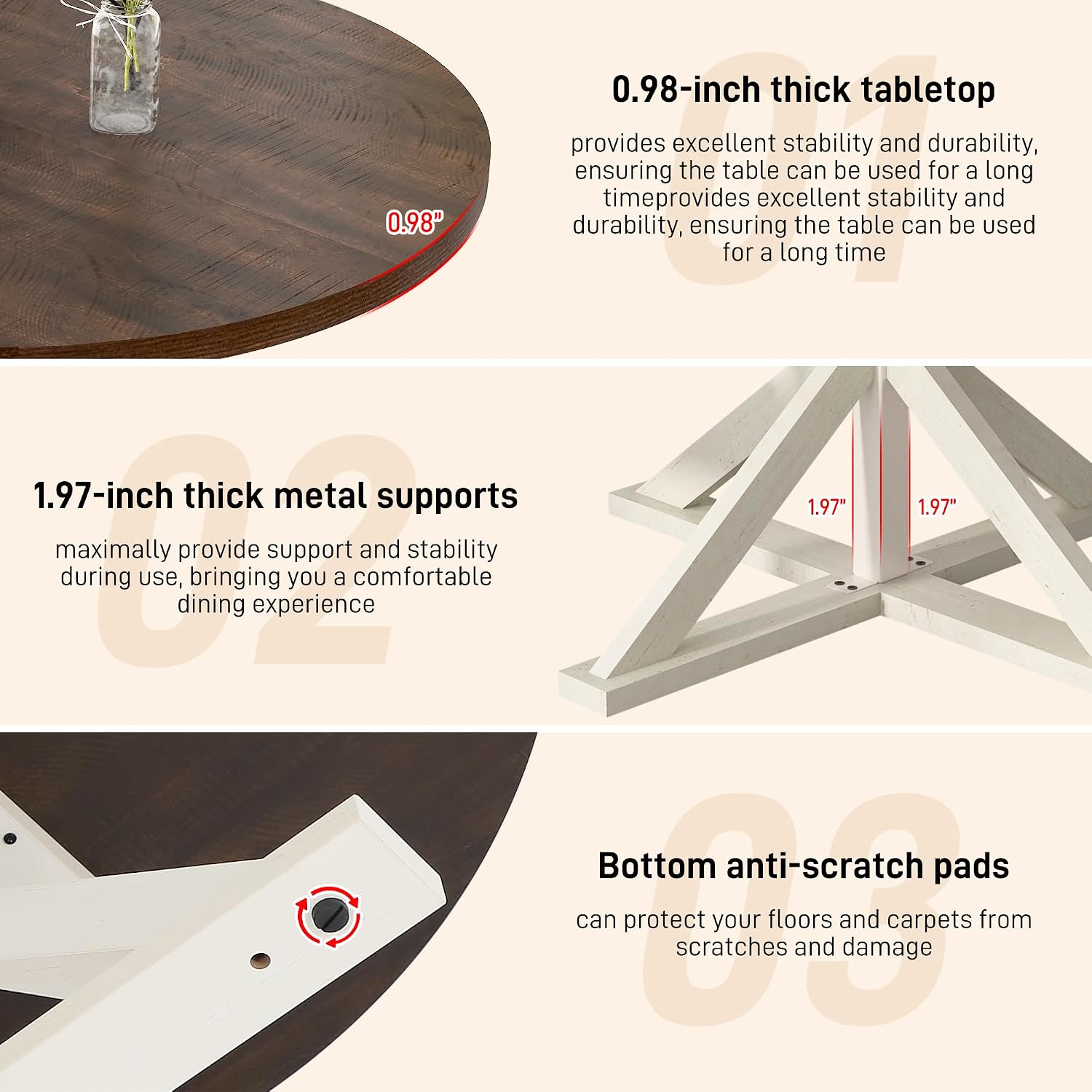 jiteentarou Round Wood Dining Table for Kitchen,Dining Room,Living Room,Farmhouse Dinner Tables W/Thickened Brown Waterproof Tabletop for 4 People,47 inch Rustic Kitchen Table W/Metal Support