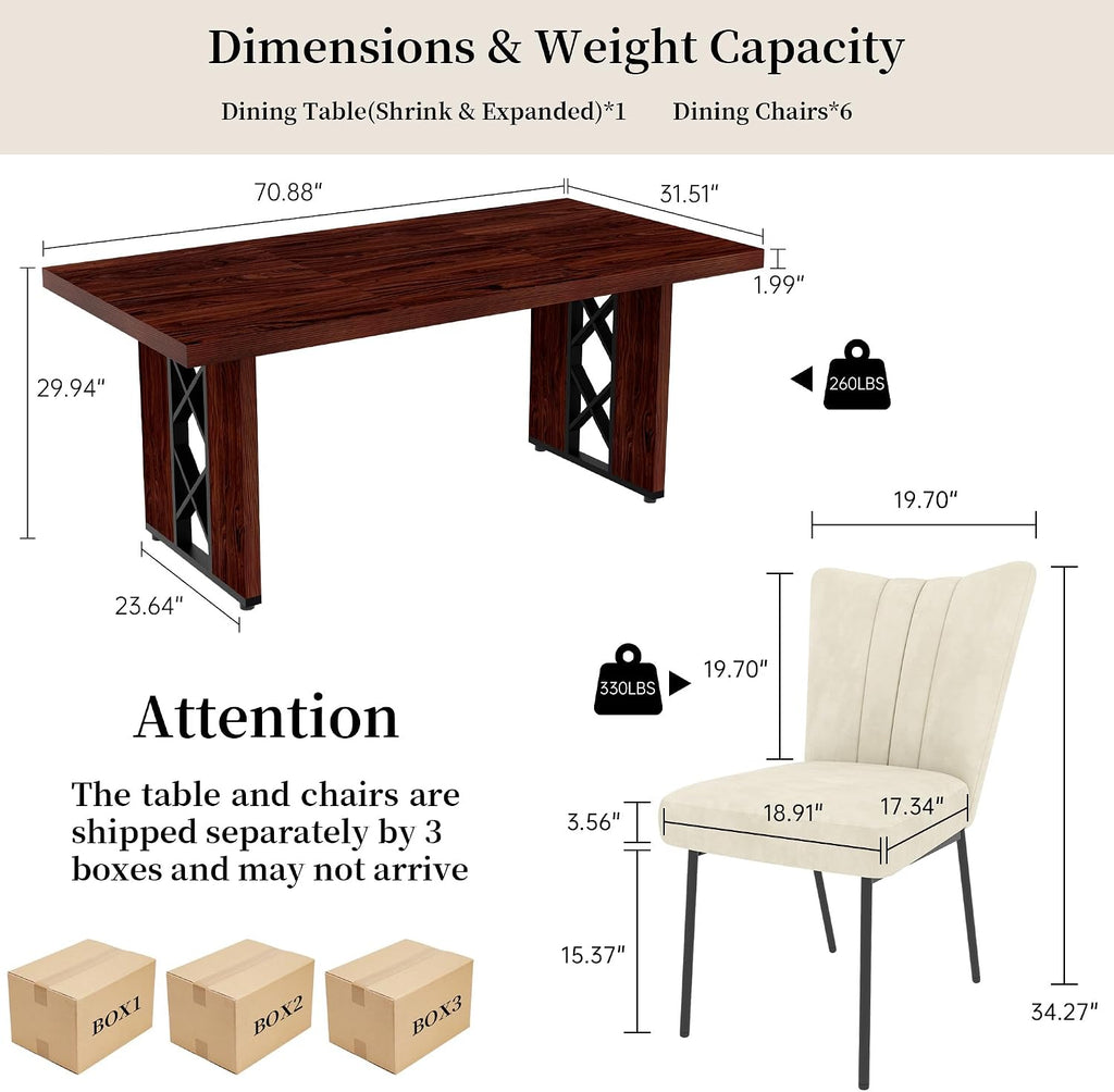 HIPIHOM 7-Piece Dining Table Set for 6 People, 70.8' MDF Kitchen Table with 6 Velvet Chairs, Space-Saving for Dining Room, Breakfast Nook(Walnut Table+6 Beige Chairs)
