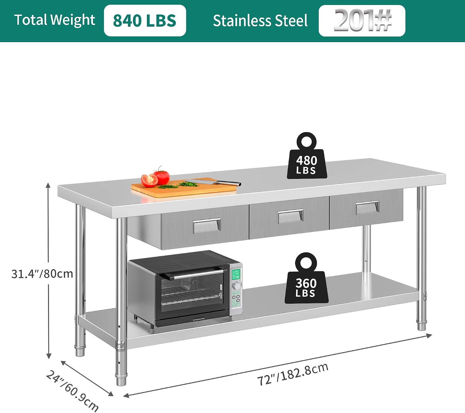 YITAHOME 72' X 24' Stainless Steel Table with 3 Drawers, NSF Work Table with Drawer, Metal Table Prep Table for Home Kitchen Restaurant Garage Warehouse