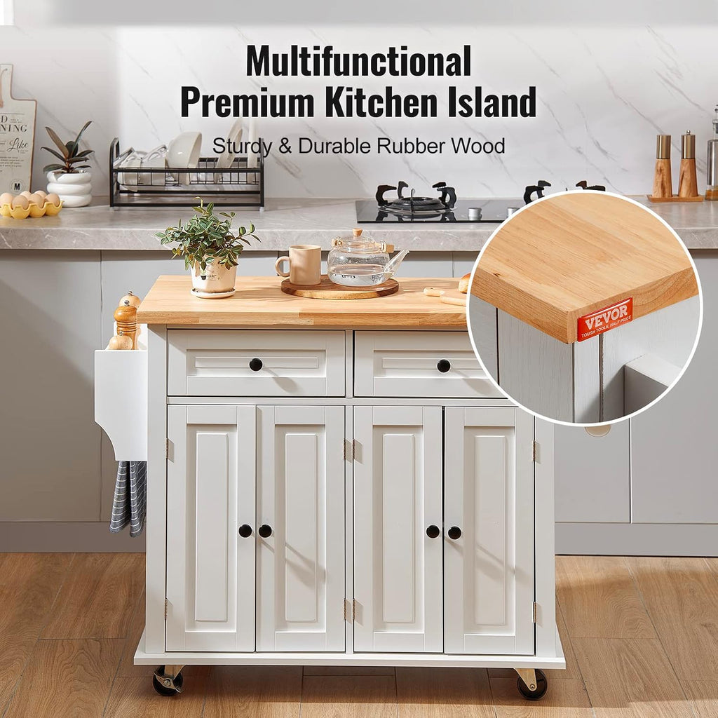 VEVOR Kitchen Island Cart with Solid Wood Top, 35.4' Width Mobile Carts with Storage Cabinet, Rolling Kitchen Table with Spice Rack, Towel Rack, and Drawer, Portable Islands on Wheels, White