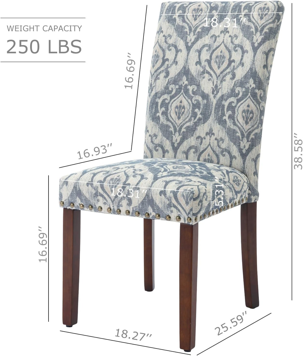 COLAMY Upholstered Parsons Dining Chairs Set of 2, Fabric Dining Room Kitchen Side Chair with Nailhead Trim and Wood Legs - Blue/White Flower