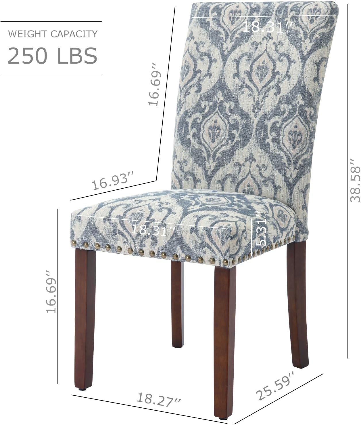 COLAMY Upholstered Parsons Dining Chairs Set of 4, Fabric Dining Room Kitchen Side Chair with Nailhead Trim and Wood Legs - Blue/White Flower