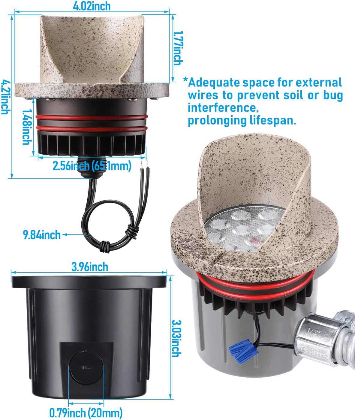 LEONLITE Dia. 4 Inch Well Lights Landscape LED In Ground, Shielded Top, 3000K Warm White, 12-24V AC/DC CRI90 Low Voltage Garden Landscaping, Rock Color Aluminum Housing, Pack of 6