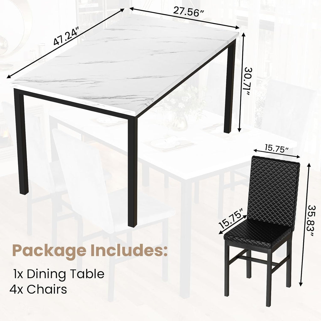 Hooseng Kitchen Table Set 5 Piece Dining Room Table Set Marble Dining Table 4 Chair Dining Table Set for Kitchen Living Room Breakfast Small Spaces (White & Black)