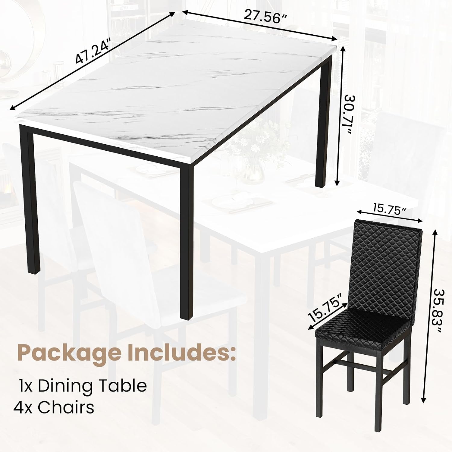 Hooseng Kitchen Table Set 5 Piece Dining Room Table Set Marble Dining Table 4 Chair Dining Table Set for Kitchen Living Room Breakfast Small Spaces (White & Black)