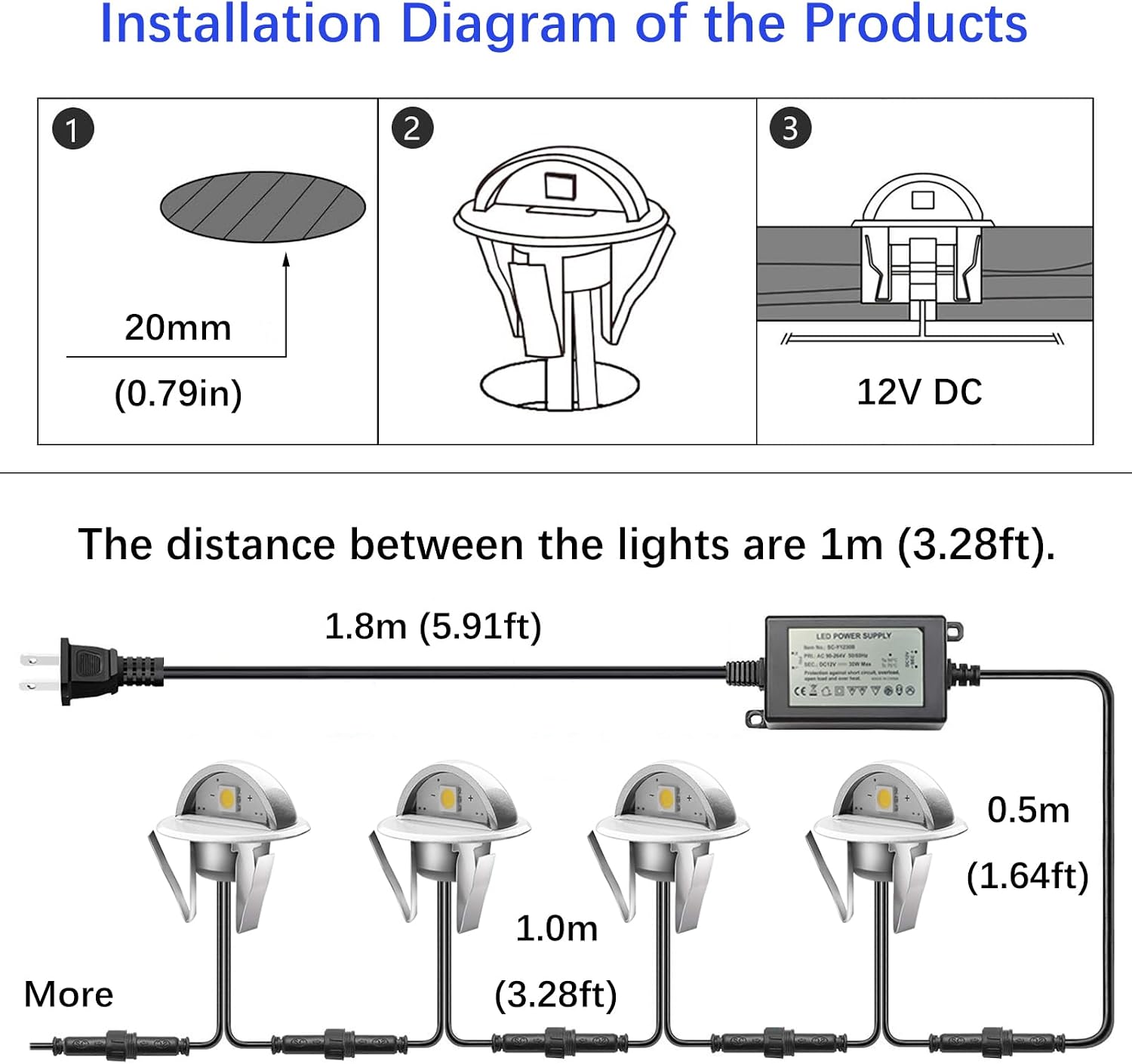 LED Outdoor Deck Lights Kits, Φ1.38in Warm White 20 Pack Silver, Low Voltage 12 Volt DC IP65 Waterproof, Electric Wired Recessed Stair Step Riser Mini Under Landscape Lighting for Yard Floor