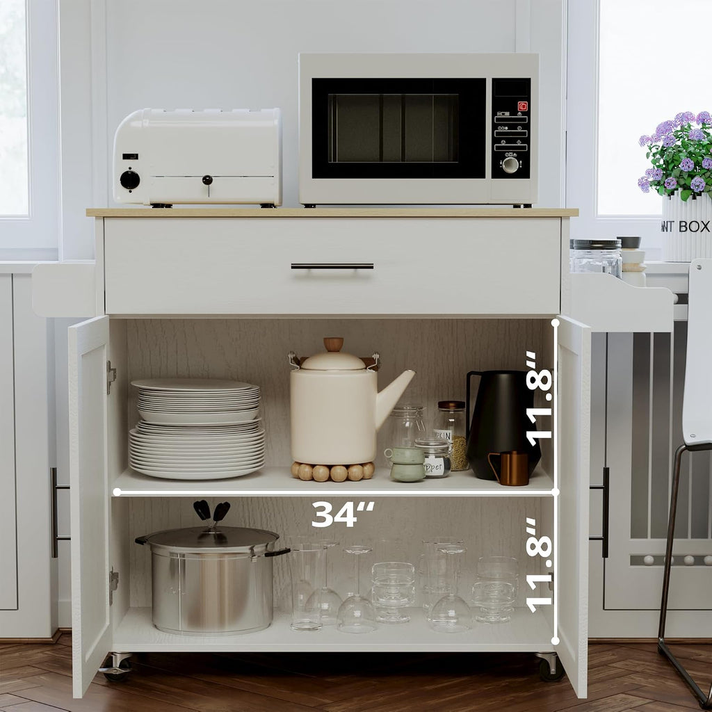 IRONCK Rolling Kitchen Island Table on Wheels with Drop Leaf, Storage Cabinet, Drawer, Spice/Towel Rack, Kitchen Cart, 47.25' Wide White