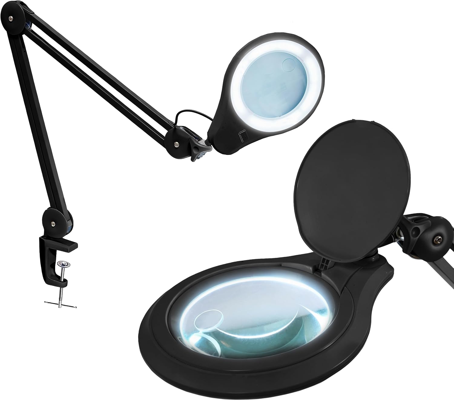 Neatfi LED Bifocal Magnifying Lamp 1,200 Lumens – 5' Glass Lens, Dual Magnification 2.25X/6X, Dimmable | Adjustable Arm with Clamp | Crafting, Jewelry & Reading (5 Diopter + 20 Diopter, Black)