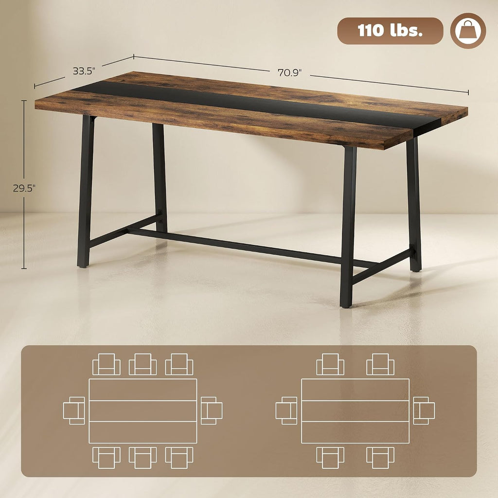 HOMCOM Industrial Dining Table for 8 People, 70.9' Long Rectangular Kitchen Table with Large Tabletop and Steel Legs for Dining Room, Rustic Brown