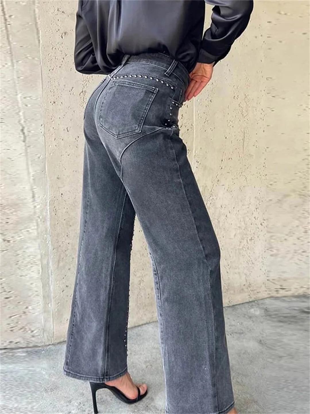 Women Studded Denim Straight Pants High Waist Hip Package Metal Rivets Design Trousers Club Wear Style