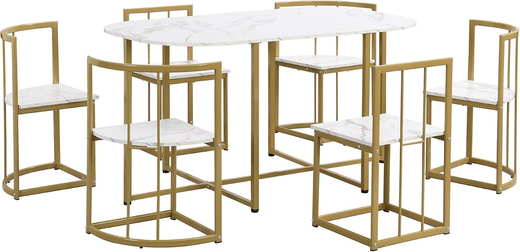 Metal 7 Piece Kitchen Dining Table Set with Chairs for Saving Space Metal Dining Room Table Set for 6 Persons, Golden White