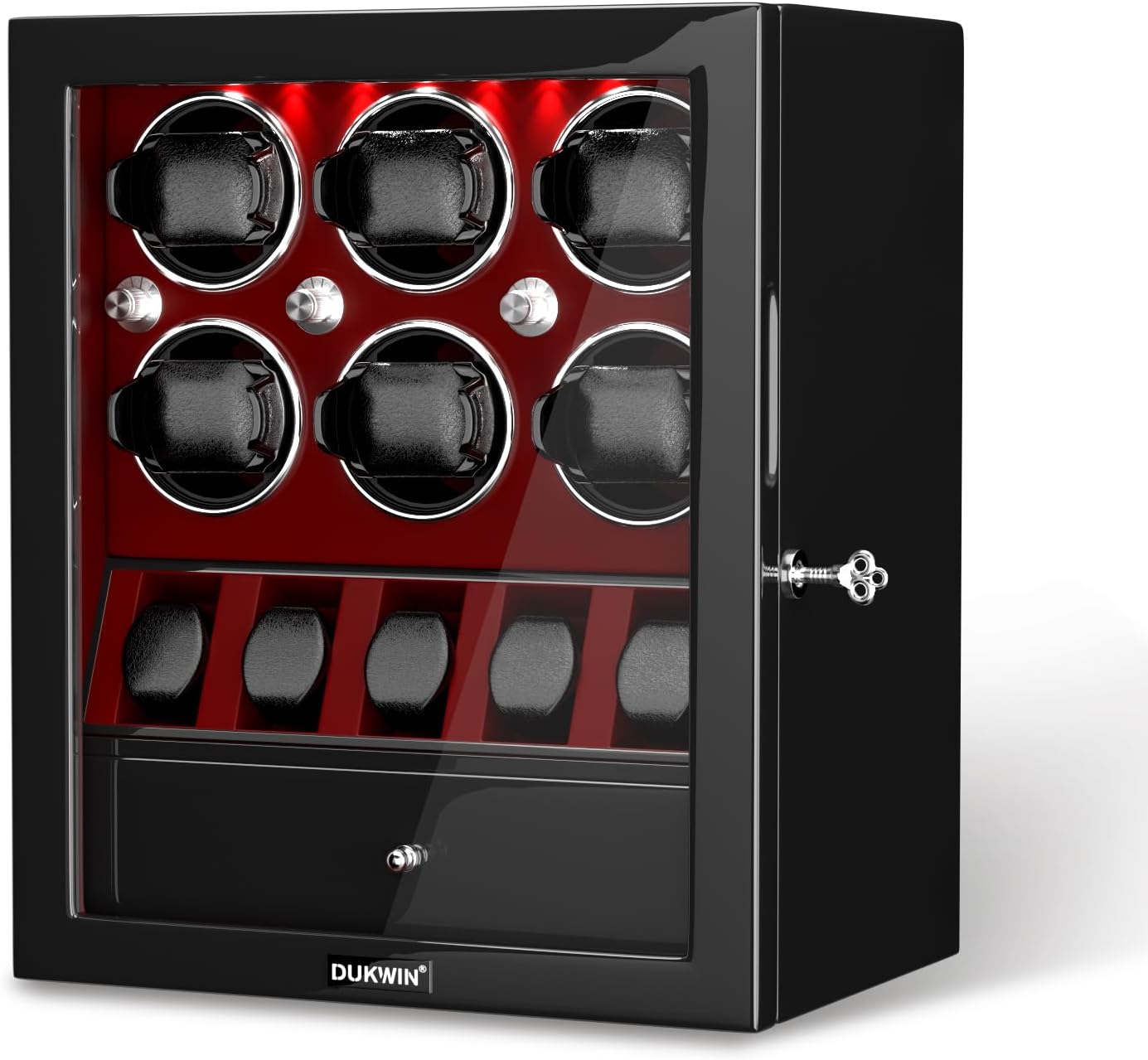 DUKWIN Watch Winder for 4/6/8 Automatic Watches, Lockable Winders with Watch Holders and Jewelry Storage, Super Quiet Motor with High-Gloss Finish, Built-in Illumination