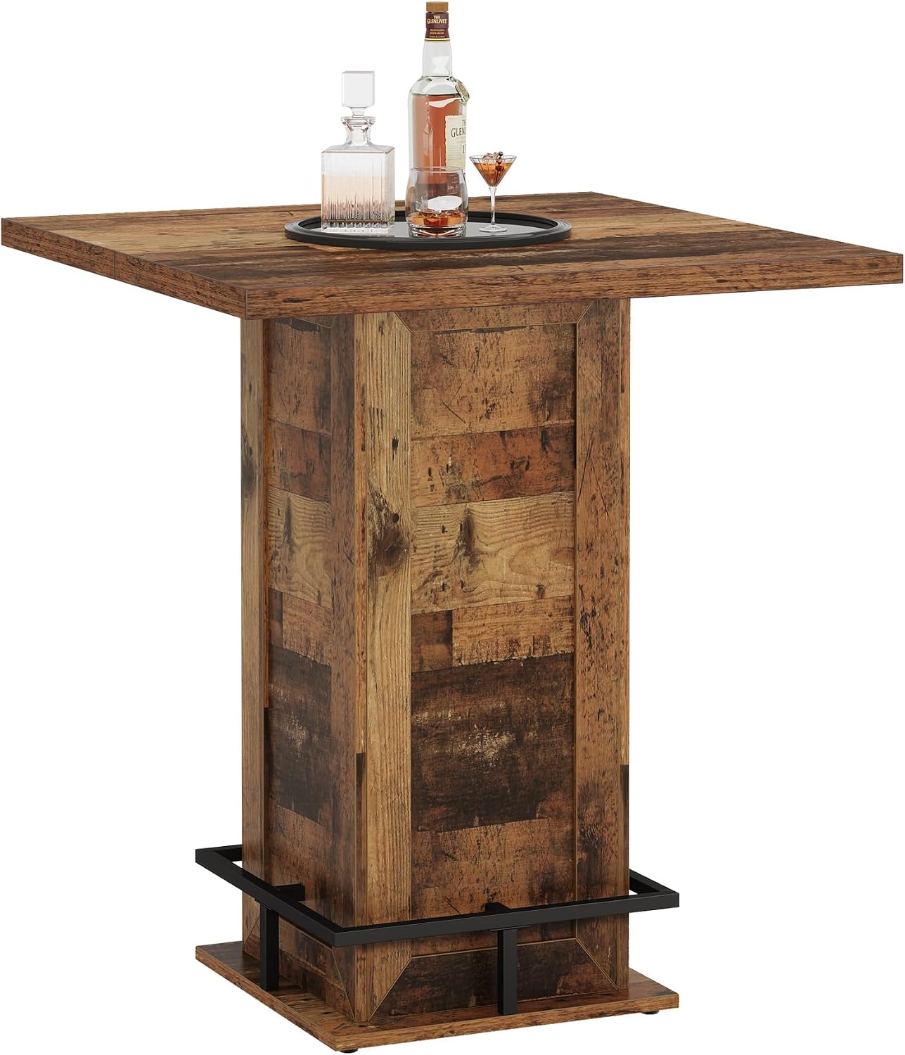 Tribesigns 39.4' H Square Bar Table, Industrial High Top Bistro Pub Cocktail Table with Metal Footrest for Kitchen Nook, Home Bar, Small Bars, Dark Brown (Table Only)