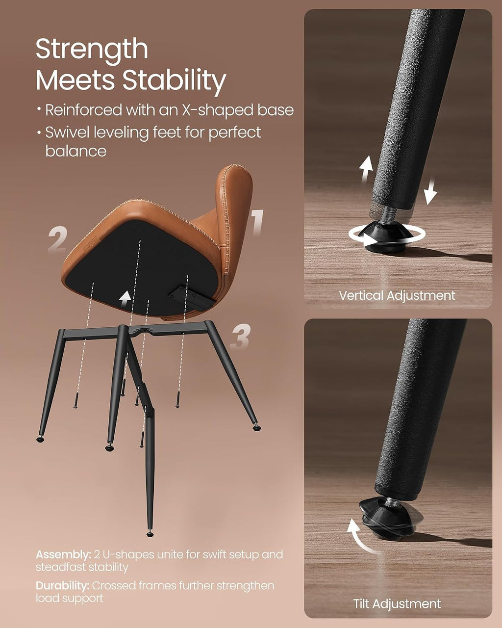 VASAGLE EKHO Collection - Dining Chairs Set of 6, Upholstered Kitchen Chairs, Comfortable Seat, Synthetic Leather with Stitching, Mid-Century Modern, Easy Assembly, Living Room Lounge, Caramel Brown