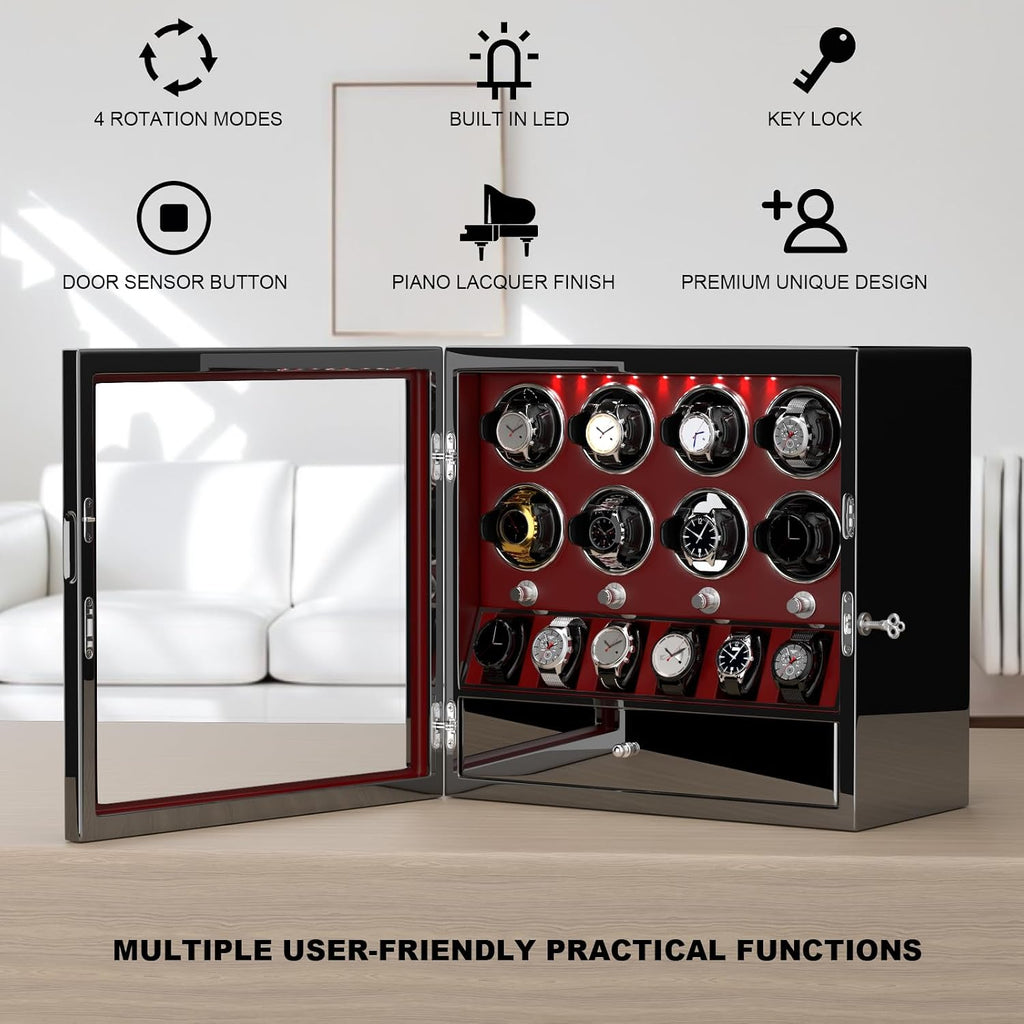 DUKWIN Watch Winder for 4/6/8 Automatic Watches, Lockable Winders with Watch Holders and Jewelry Storage, Super Quiet Motor with High-Gloss Finish, Built-in Illumination