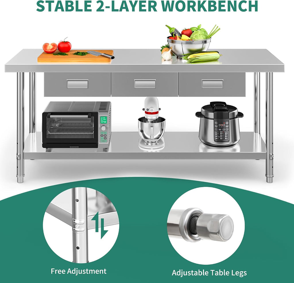 YITAHOME 72' X 24' Stainless Steel Table with 3 Drawers, NSF Work Table with Drawer, Metal Table Prep Table for Home Kitchen Restaurant Garage Warehouse