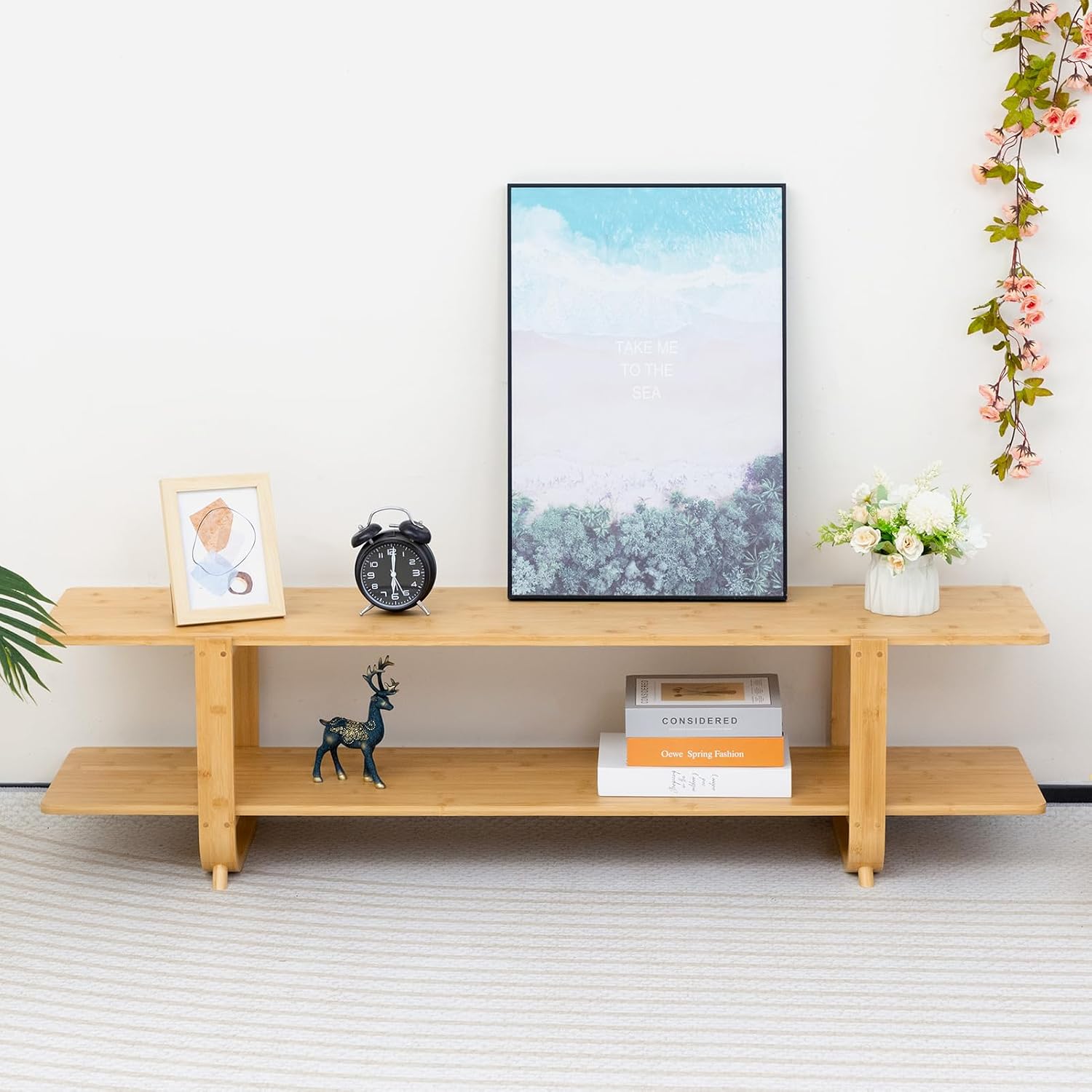 HollyHOME Bamboo TV Stand with Storage for TVs up to 65'', Modern Entertainment Center with 2 Open Shelf, Accent TV Media Console Table for Living Room, Bedroom, 55'(L), Burlywood