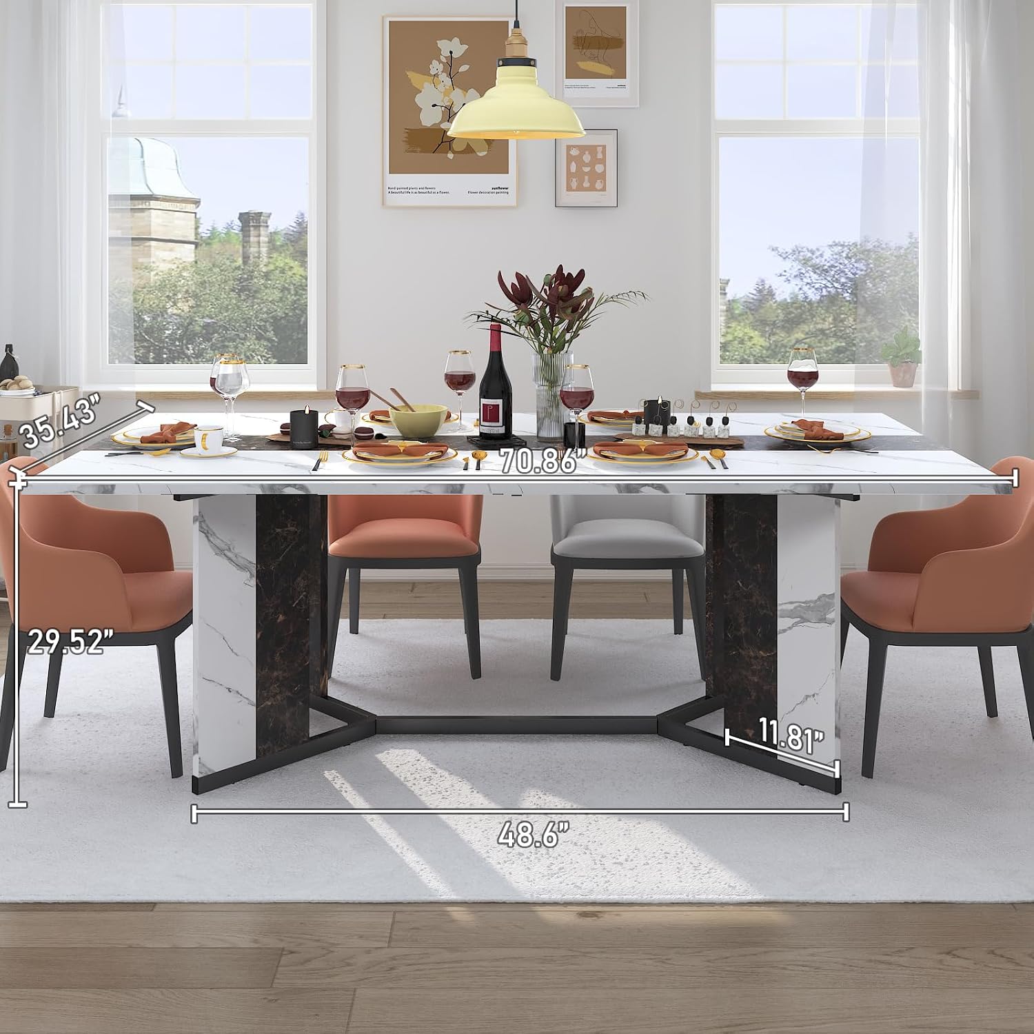 Hlivelood 70Inch Large Dining Table for 4 6 People,Wooden Rectangular Kitchen Table W/Waterproof Tabletop,Large Rectangle Furniture W/Adjustable Legs,White Dinner Table for Kitchen Dining Room(71IN)