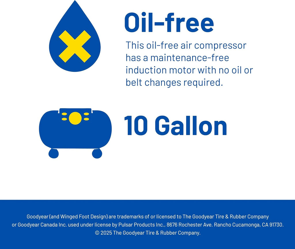 Goodyear 10 Gallon 150 PSI Oil Free Portable Vertical Electric Air Compressor
