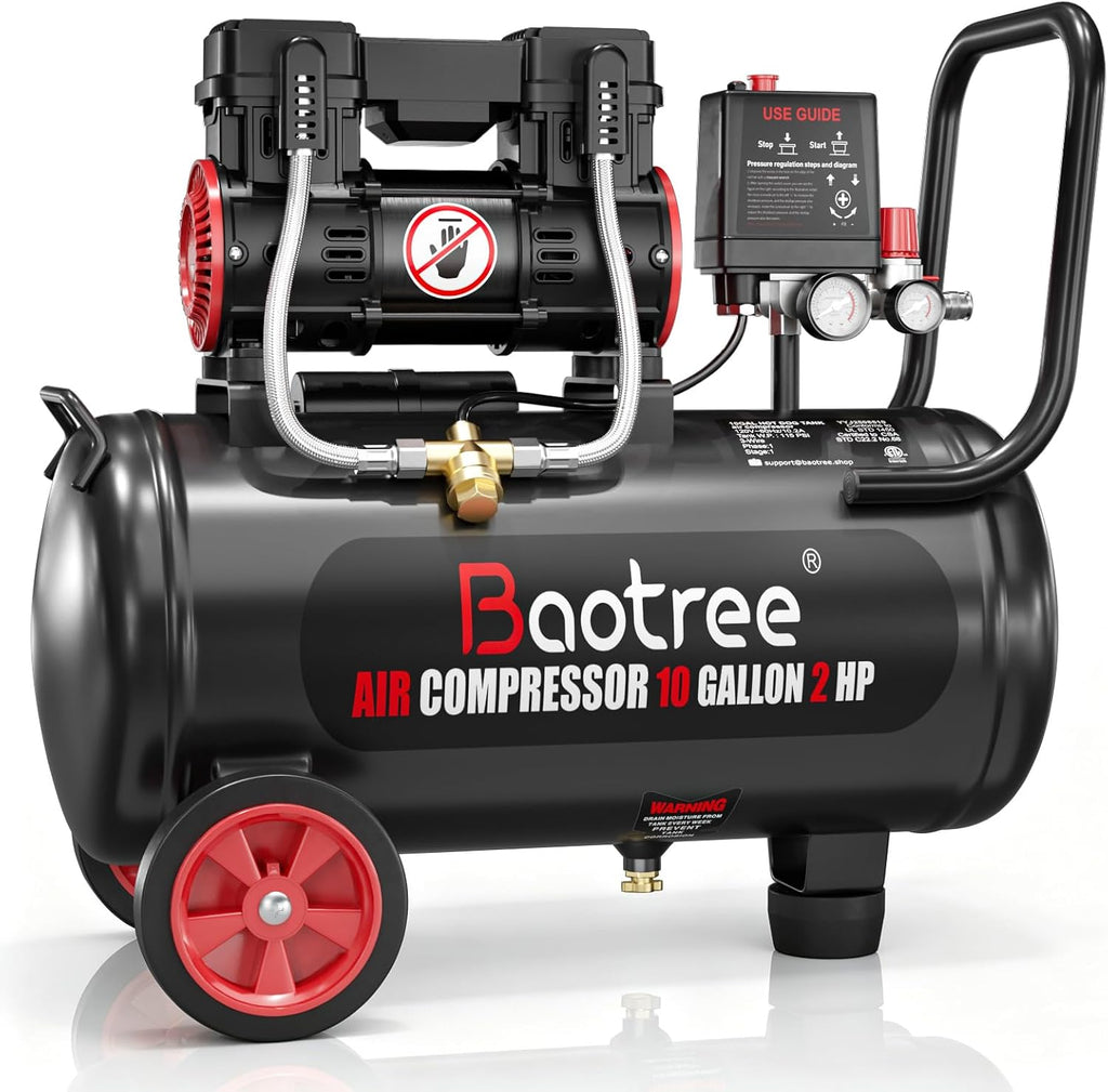 10 Gallon Ultra Quiet Air Compressor with Two Quick Couplers, 2HP MAX 115PSI Oil-Free Air Compressor Steel Tanks, 70dB Air Compressor with Wheels for Spray Painting, Auto Repair, Woodwork Nailing