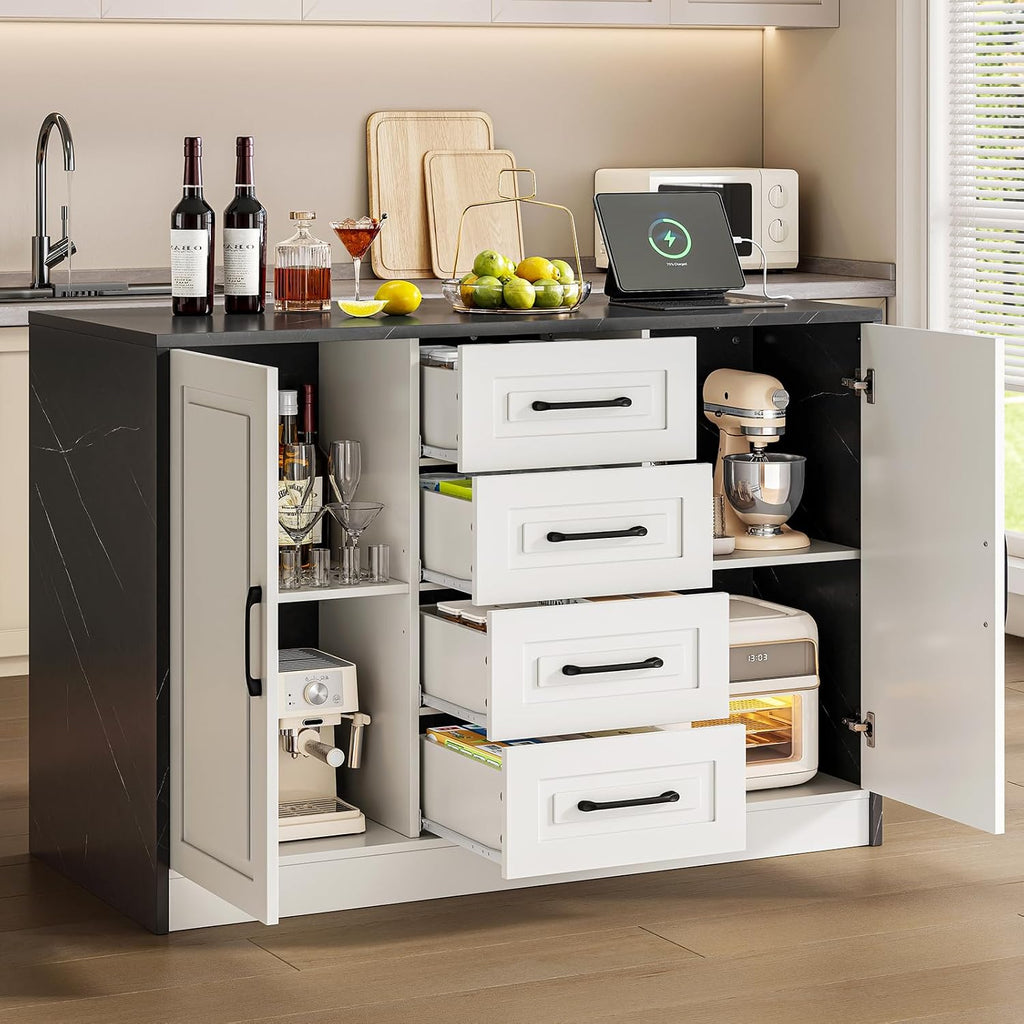 ONBRILL 47.3' Kitchen Island with 2 Storage Cabinets & 4 Drawers, Modern Imitation Marble Dining Table with Power Outlet, Island Bar Table for Kitchen, Dining Room, Living Room, Black