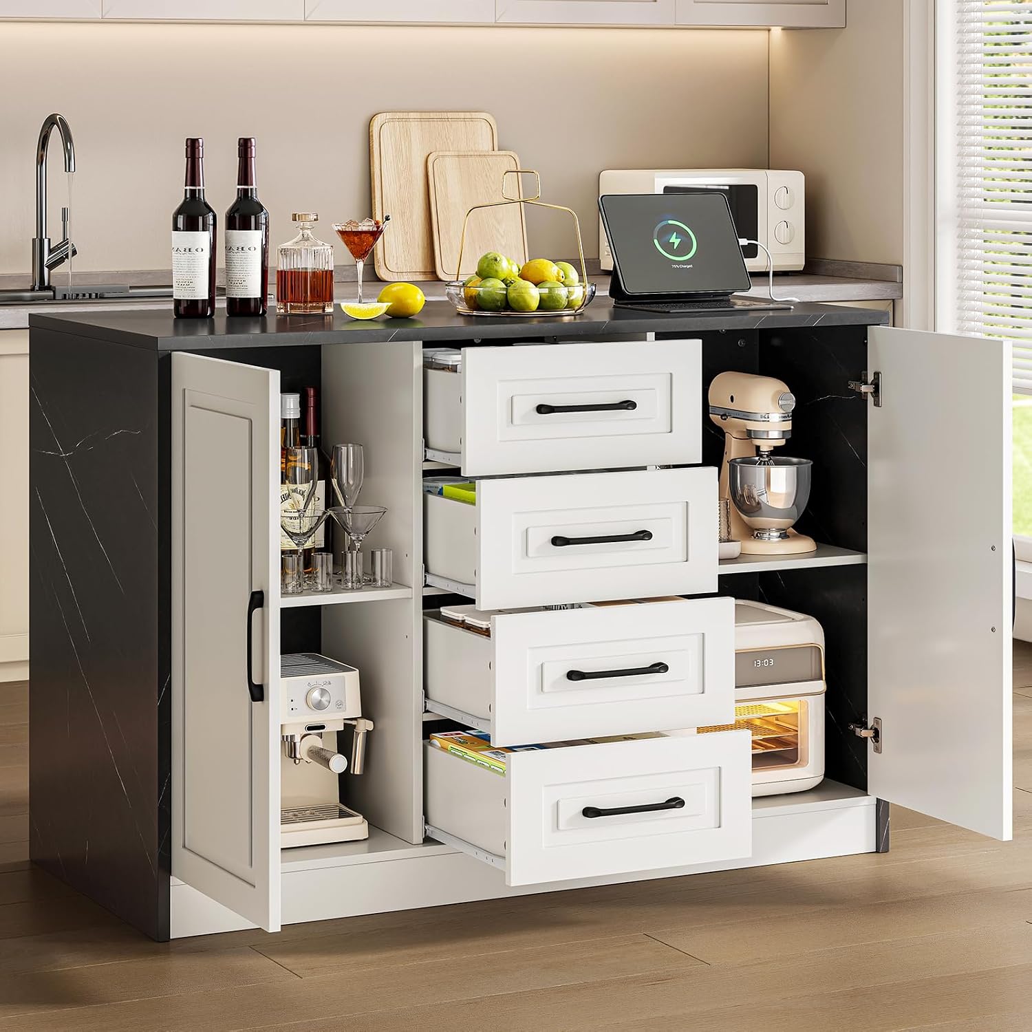 ONBRILL 47.3' Kitchen Island with 2 Storage Cabinets & 4 Drawers, Modern Imitation Marble Dining Table with Power Outlet, Island Bar Table for Kitchen, Dining Room, Living Room, Black