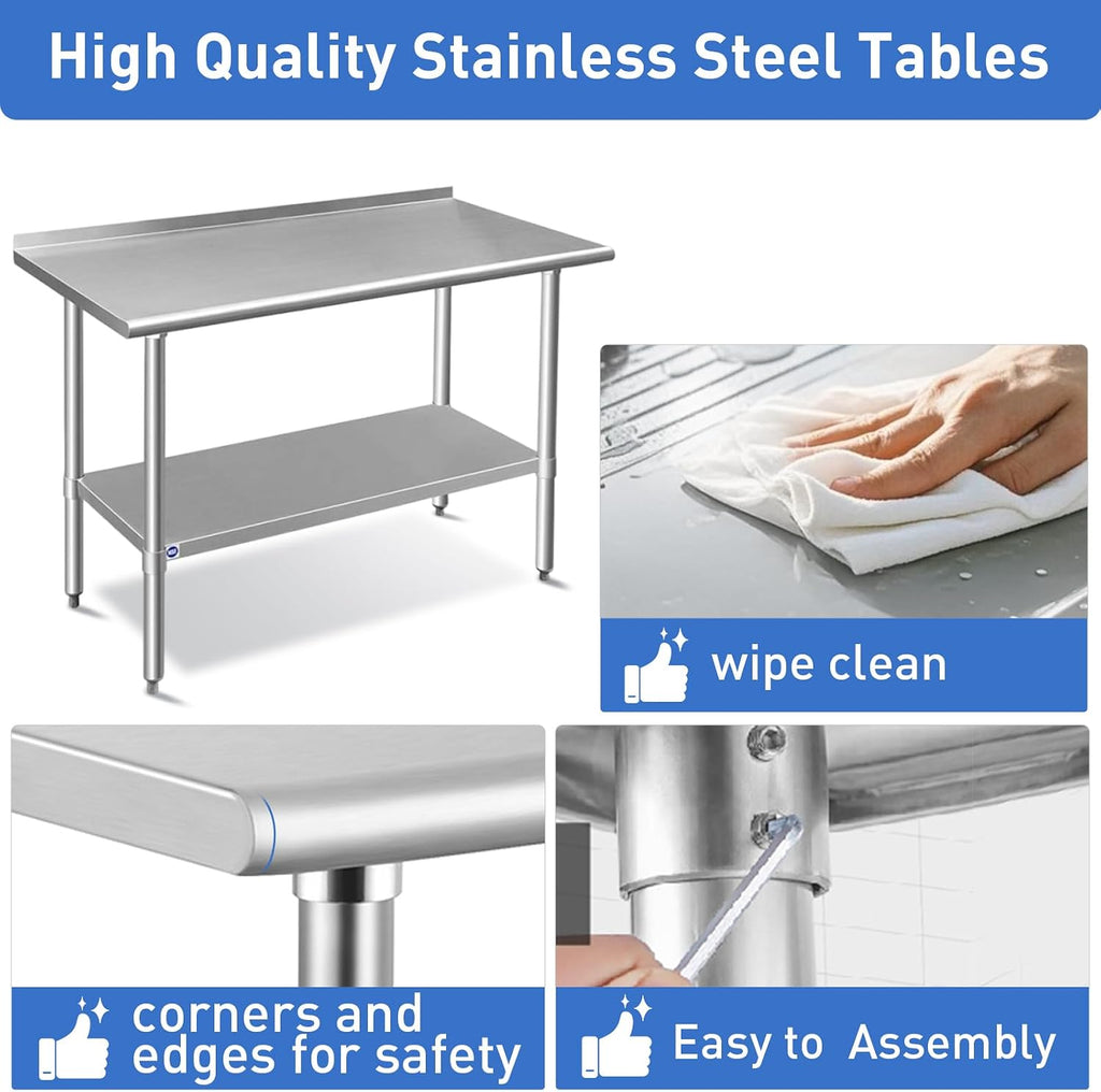 ROCKPOINT Stainless Steel Table for Prep & Work with Backsplash 18x48 Inches, NSF Metal Commercial Kitchen Heavy Duty Table with Adjustable Under Shelf and Table Foot for Restaurant, Home and Hotel