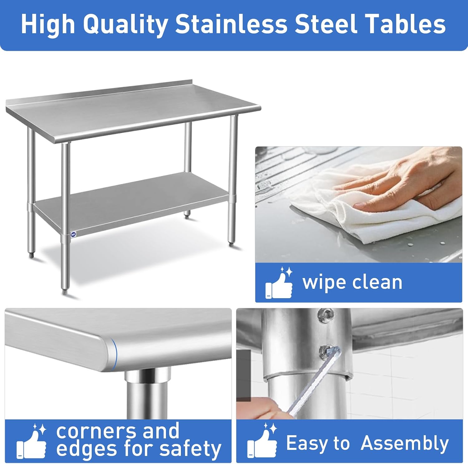 ROCKPOINT Stainless Steel Table for Prep & Work with Backsplash 18x48 Inches, NSF Metal Commercial Kitchen Heavy Duty Table with Adjustable Under Shelf and Table Foot for Restaurant, Home and Hotel