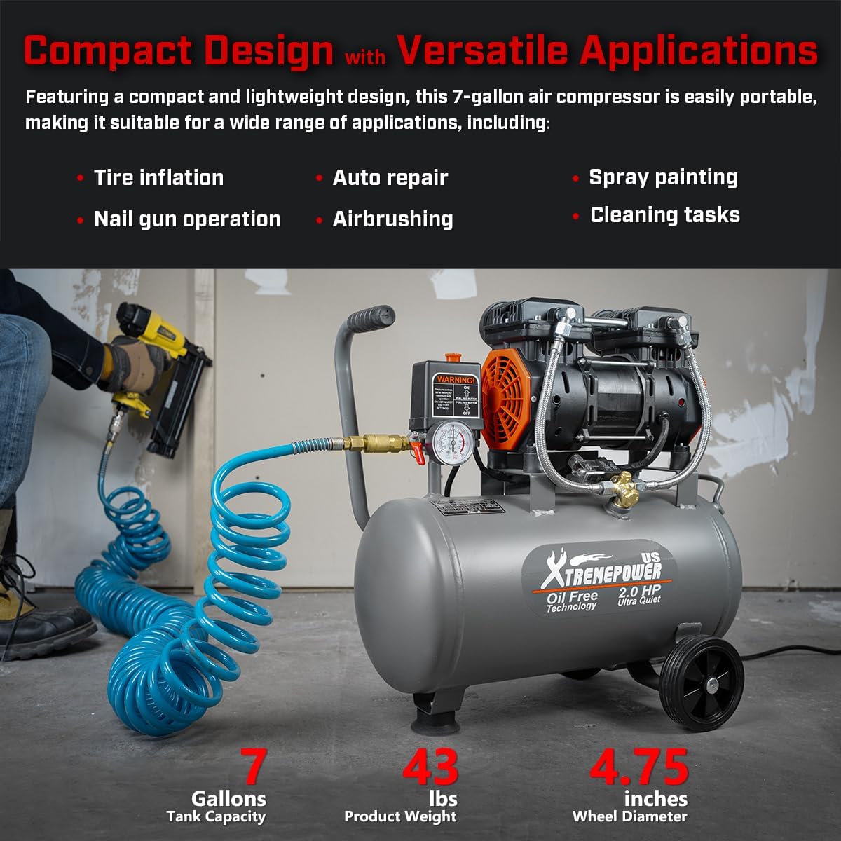 XtremepowerUS 2HP Ultra Quiet Air Compressor Tank Oil-Free Steel 60 dB Tank 7 Gallon, 4.9 CFM at 116 PSI, Ideal For Shop, Garage, Nail Gun, Pneumatic