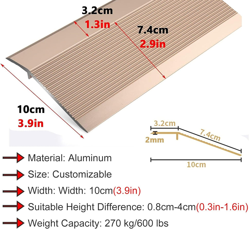 Doorway Uneven Floor Transition Strip, Gold Doorway Floor Transition Strip Uneven, 10cm/4in Wide Threshold Transition Strip for Wood to Tile/Laminate to Tile, Anti-Slip Flooring Edge Trim, Indoor Meta
