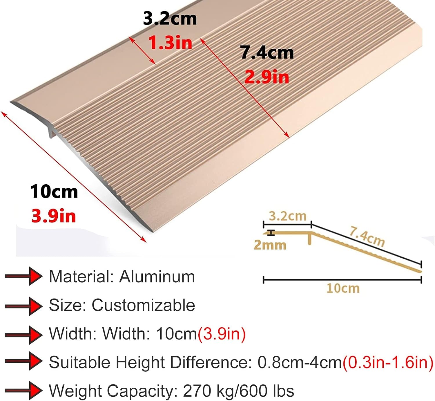 Doorway Uneven Floor Transition Strip, Gold Doorway Floor Transition Strip Uneven, 10cm/4in Wide Threshold Transition Strip for Wood to Tile/Laminate to Tile, Anti-Slip Flooring Edge Trim, Indoor Meta