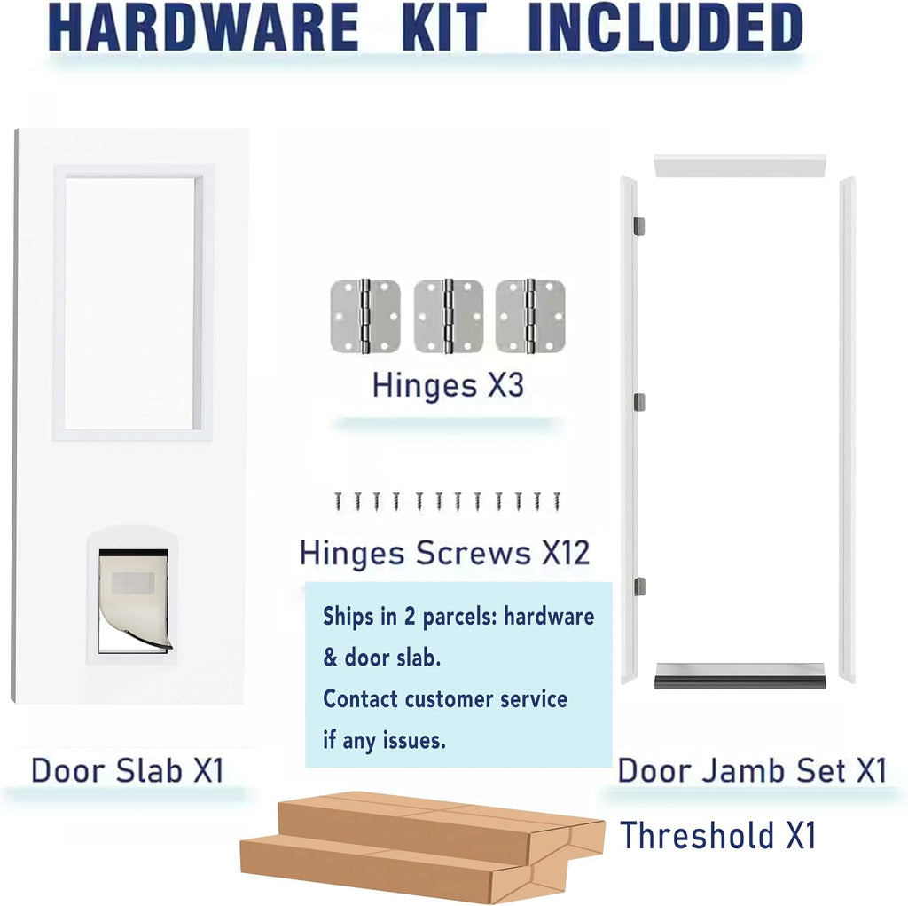 Front Door，1-Lite Exterior Door with Pet Door, Left-Handed, 30' x 80' Clear Glass Entry Door, Solid Wood & MDF Construction, Prehung Door Jamb & Threshold Hardware Kit, Waterproof Primer