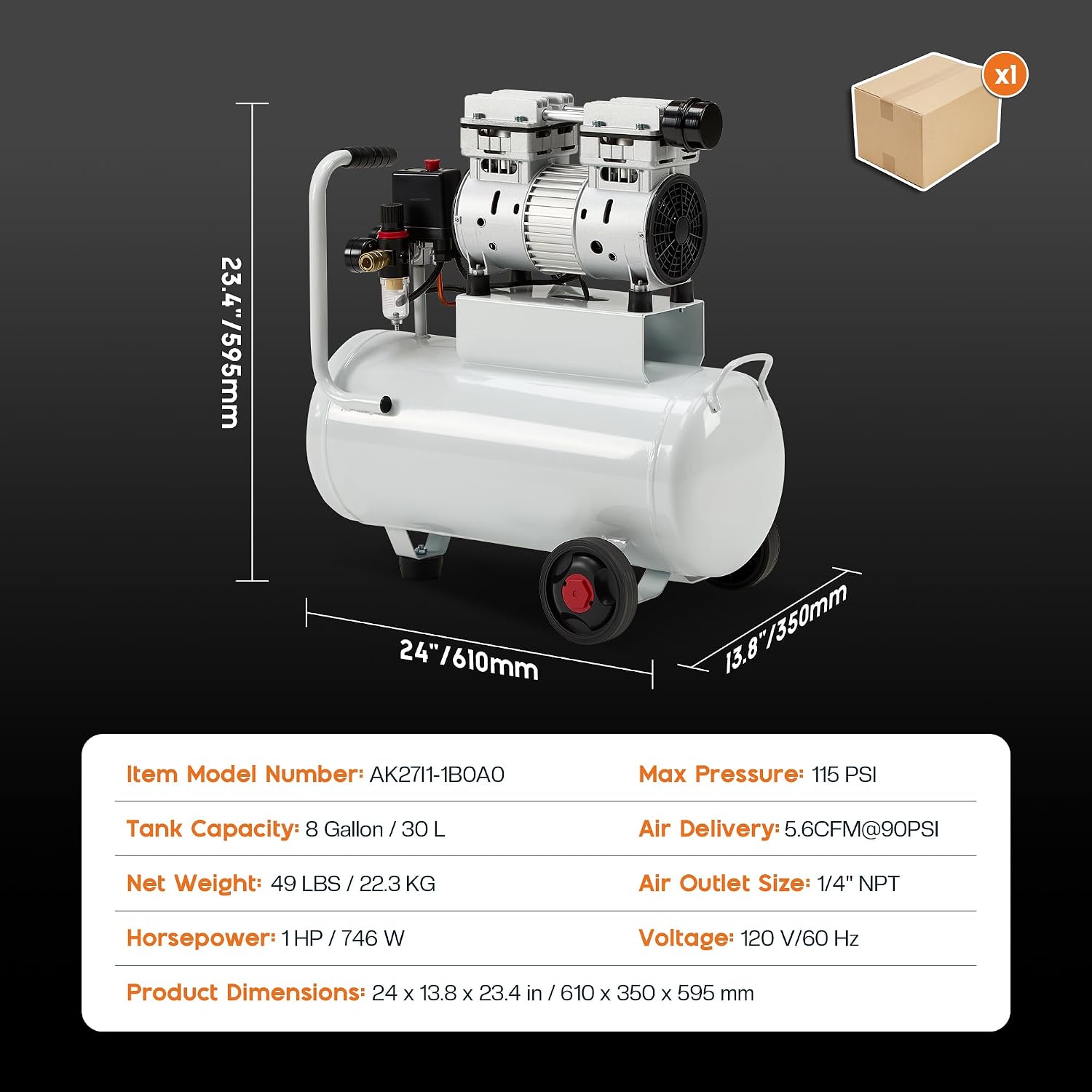 Albott 8 Gallon Oil-Free Air Compressor with Automatic Drain Valve | 1 HP Wheeled Tank Portable Garage Air Supply 70 dB Noise Level Pneumatic Tool Tire Inflation Use