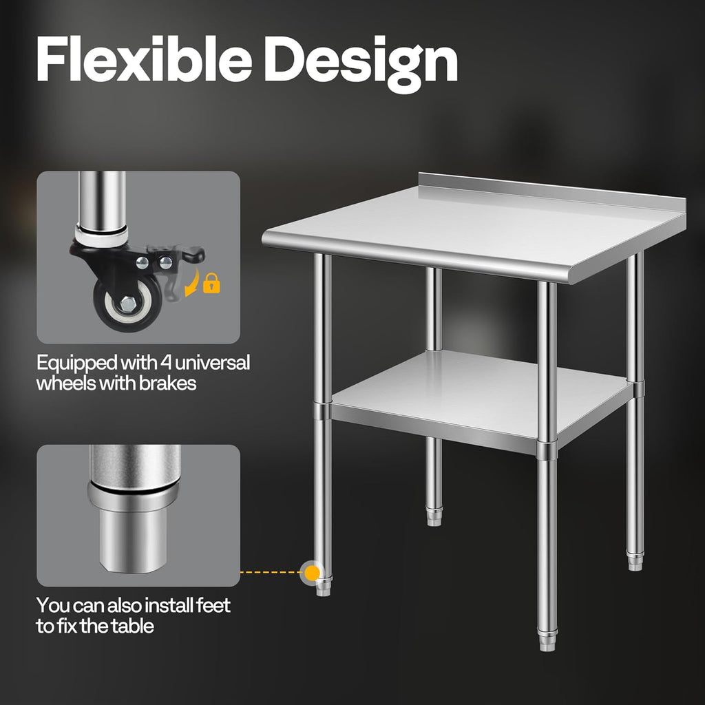VIVOHOME 24 x 18 Inch Stainless Steel Work Table with Backsplash, Prep Commercial Table with Wheels for Restaurant, Hotel, Home and Warehouse