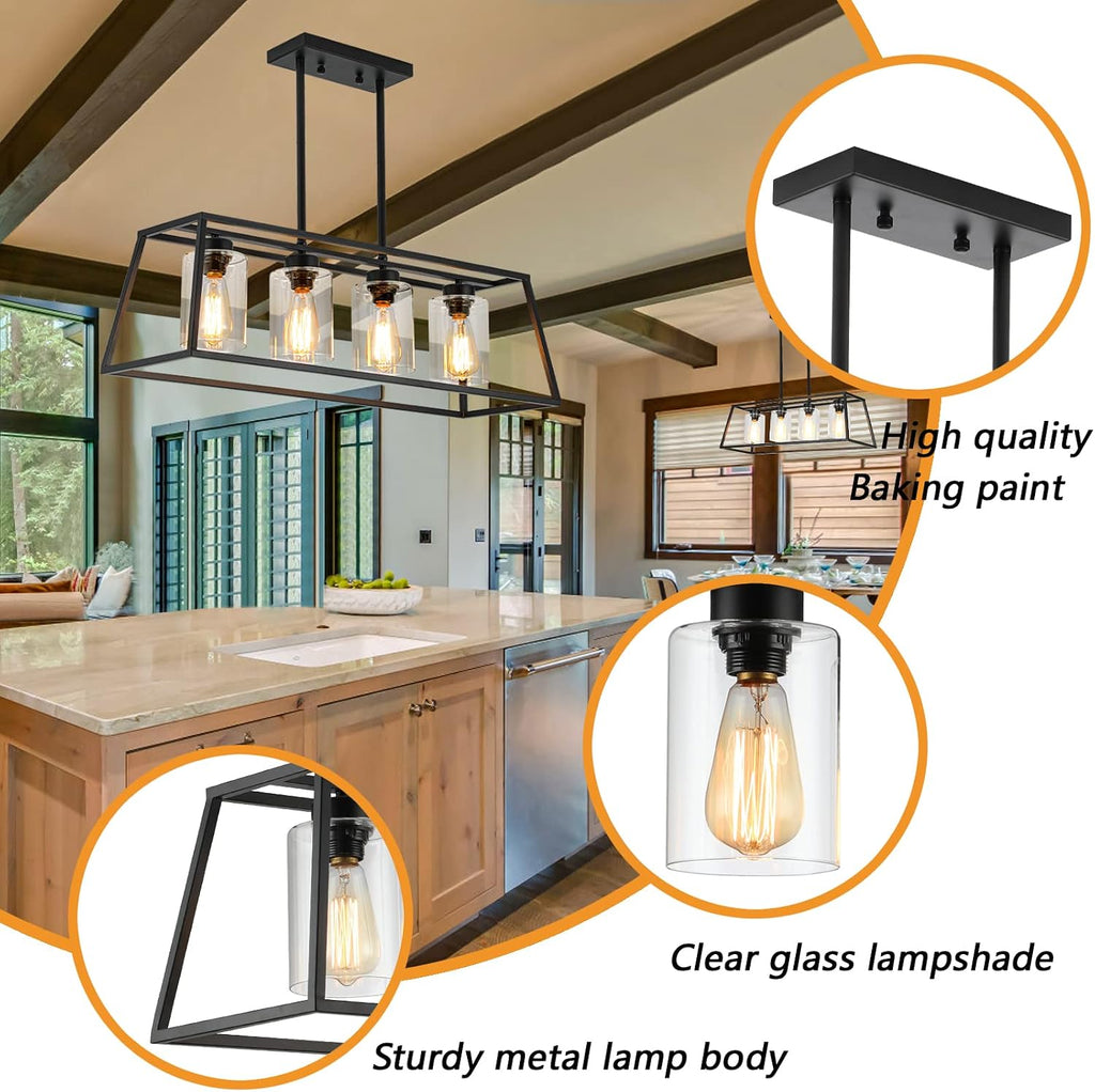 Black Farmhouse Chandeliers for Dining Room, Rustic Kitchen Island Light Fixture, 4-Lighting Linear Pendant Lamp Kitchen Island with Glass Shade ，Apply to Dining Room Light fixtures Over Table
