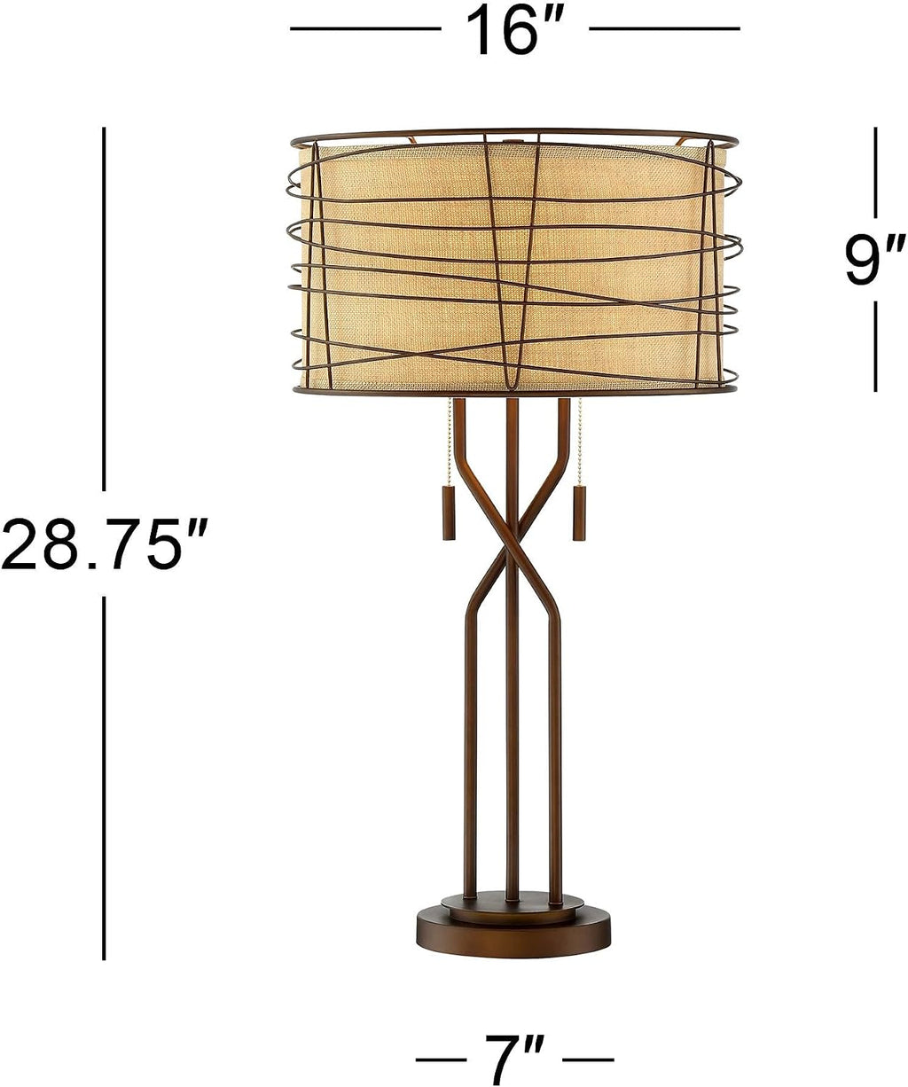 Franklin Iron Works Marlowe 28 3/4' Tall Farmhouse Rustic Modern Industrial End Table Lamps Set of 2 Pull Chain Bronze Brown Metal Living Room Bedroom Bedside Nightstand House Office Woven Shade