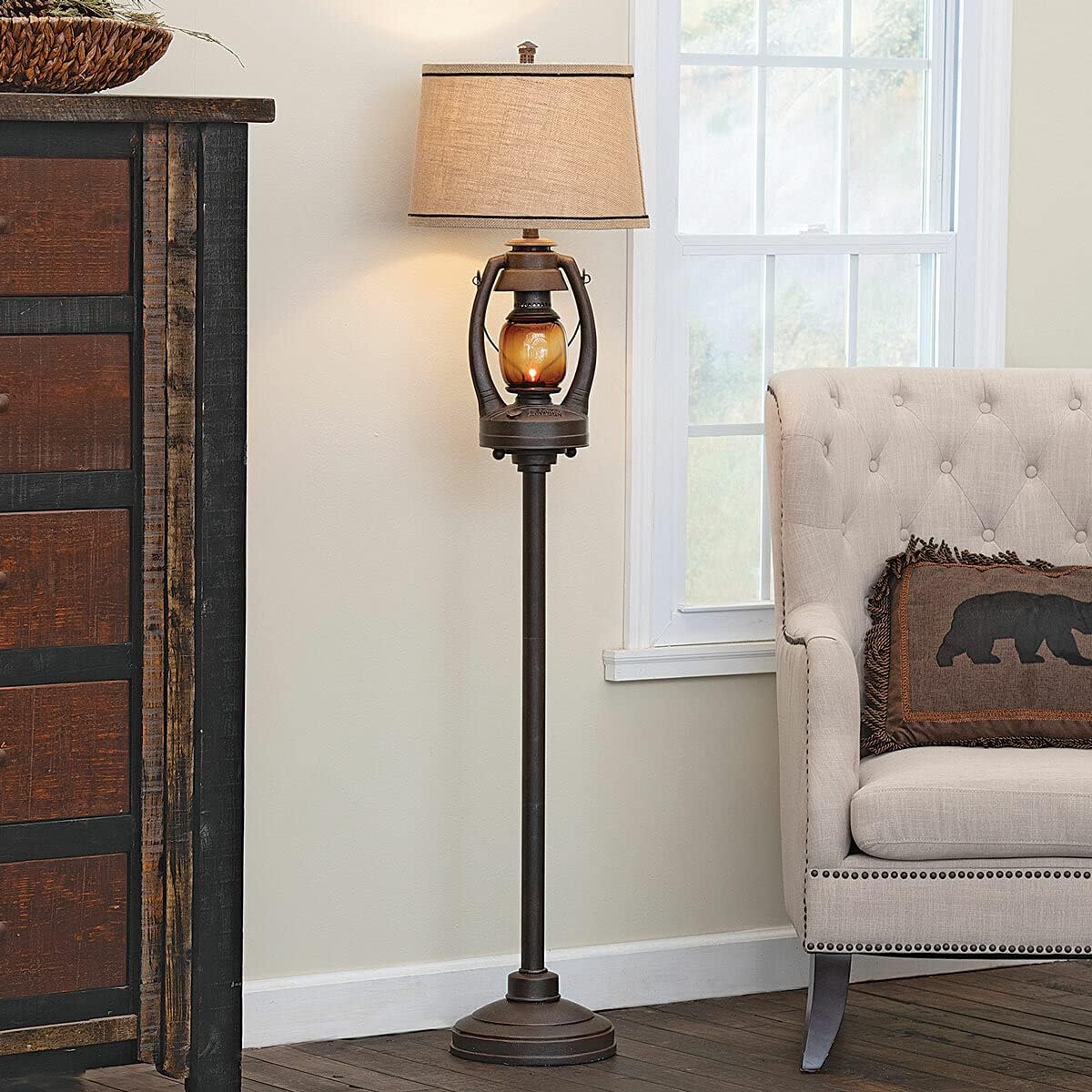 BLACK FOREST DECOR Vintage Lantern Floor Lamp with Burlap Shade - Rustic Lodge Standing Lamp