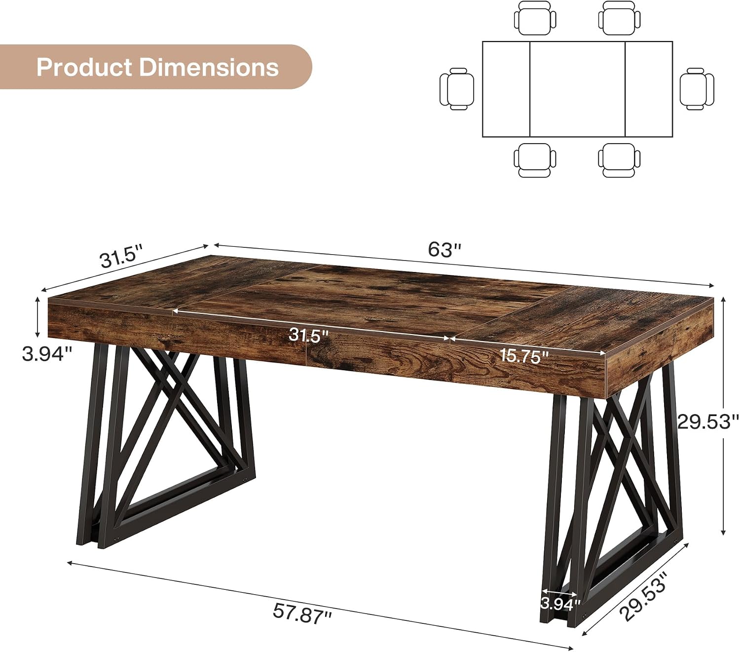 Tribesigns 63-Inch Dining Table for 4-6, Farmhouse Kitchen Table with Sturdy Metal Legs, Rectangular Dinner Furniture for Home, Living Room, Vintage Brown and Black