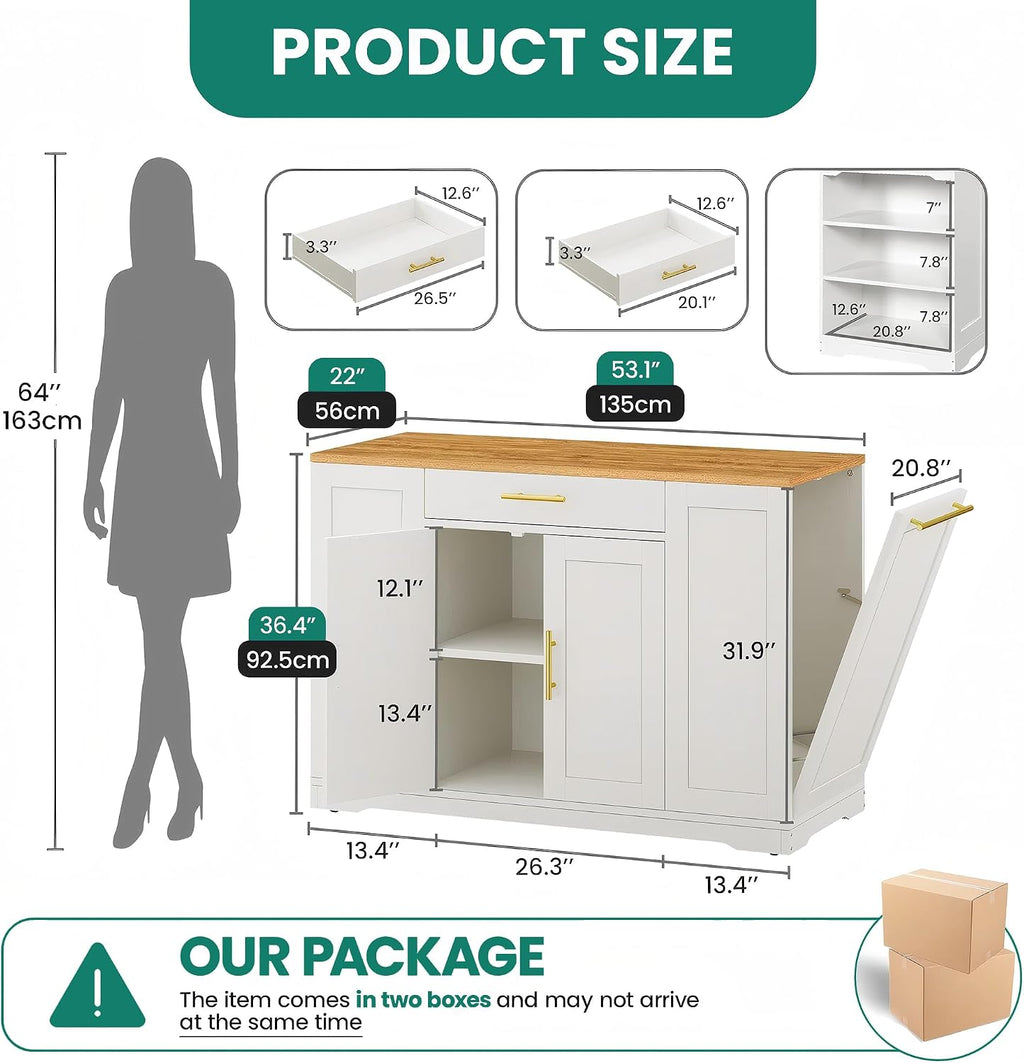YITAHOME 53 inch Large Rolling Kitchen Island with Trash Can Storage Cabinet, Portable Mobile Islands Table Long Floating Movable w Wheels Cabinet for 13 Gallon Garbage Bin 2 Drawer, White Oak