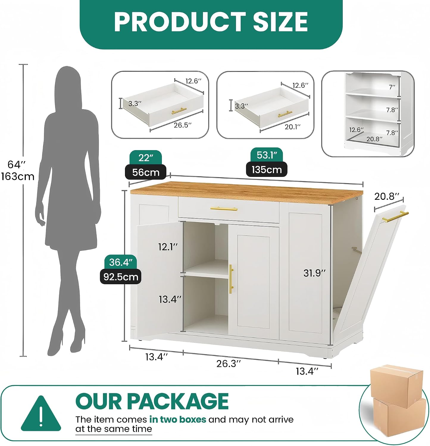 YITAHOME 53 inch Large Rolling Kitchen Island with Trash Can Storage Cabinet, Portable Mobile Islands Table Long Floating Movable w Wheels Cabinet for 13 Gallon Garbage Bin 2 Drawer, White Oak