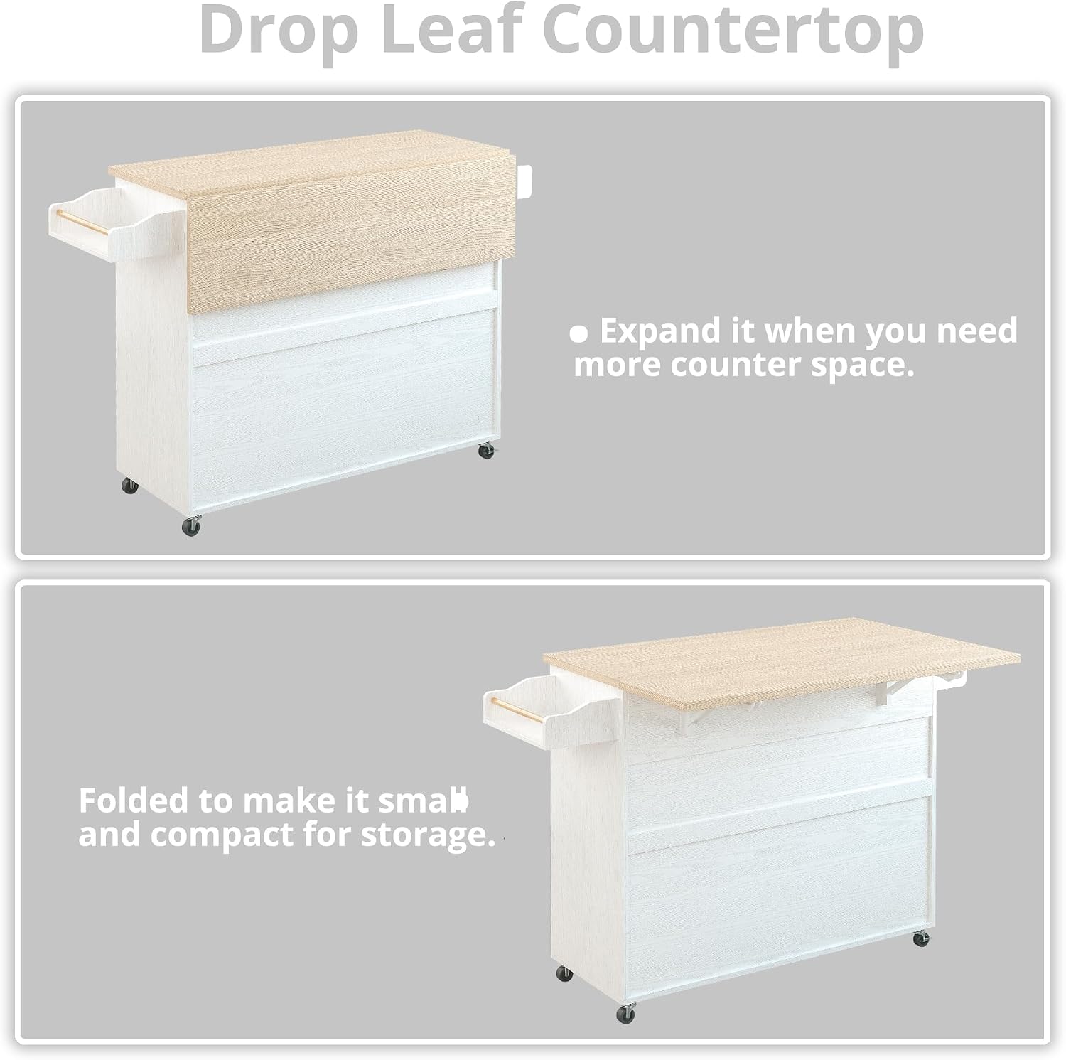 IRONCK Rolling Kitchen Island Cart with Drop-Leaf and Wine Rack, Microwave Rack Serving Cart on Wheels with Drawer & Shelves & Spice Rack & Cup Hanging, White