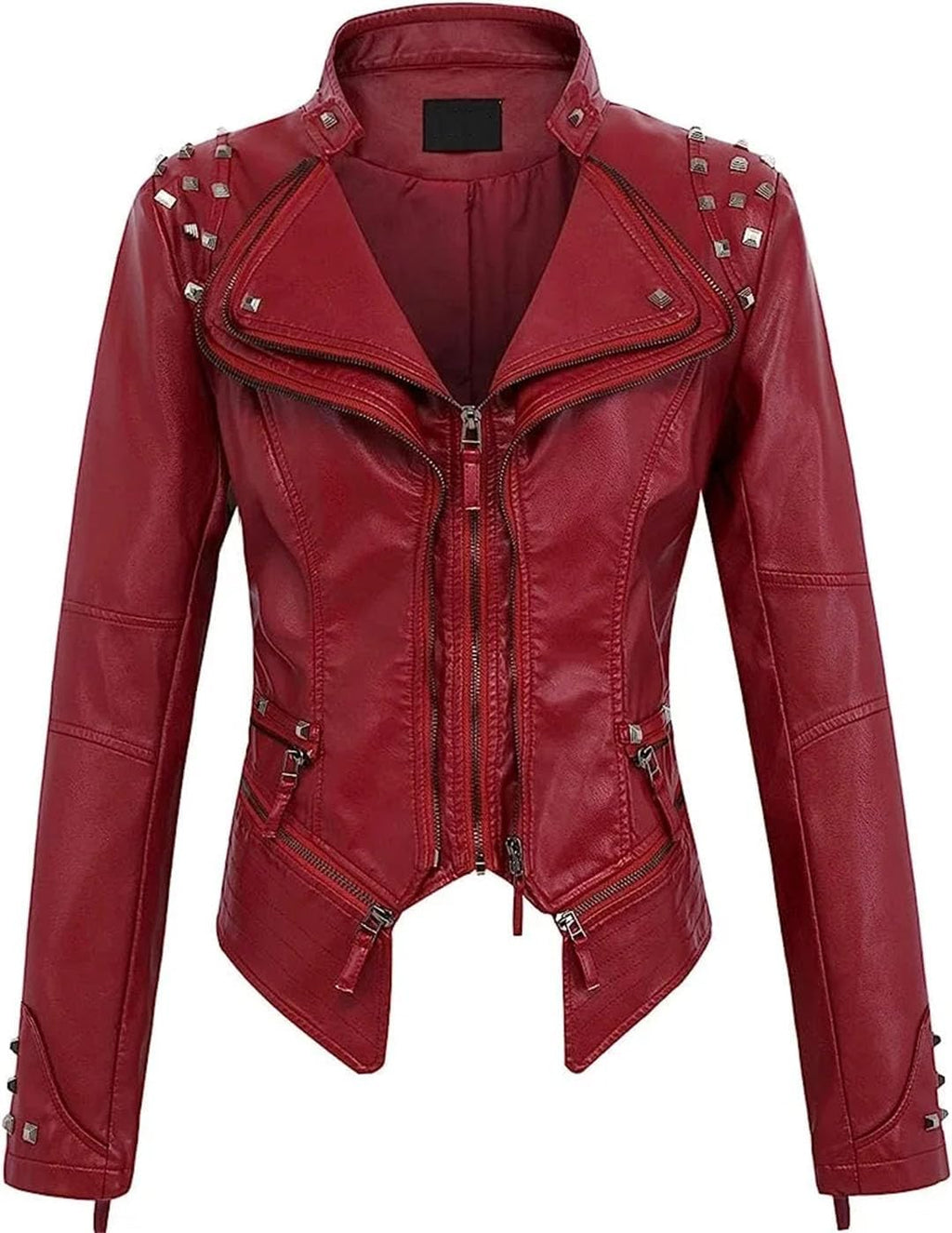 Women Suit Collar Rivet Waist Short Washed PU Leather Jacket American Retro Style Long Sleeve Turn-Down Collar Jacket