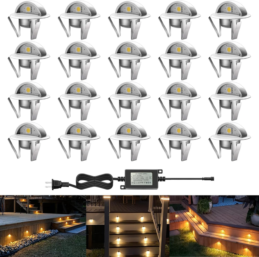 LED Outdoor Deck Lights Kits, Φ1.38in Warm White 20 Pack Silver, Low Voltage 12 Volt DC IP65 Waterproof, Electric Wired Recessed Stair Step Riser Mini Under Landscape Lighting for Yard Floor