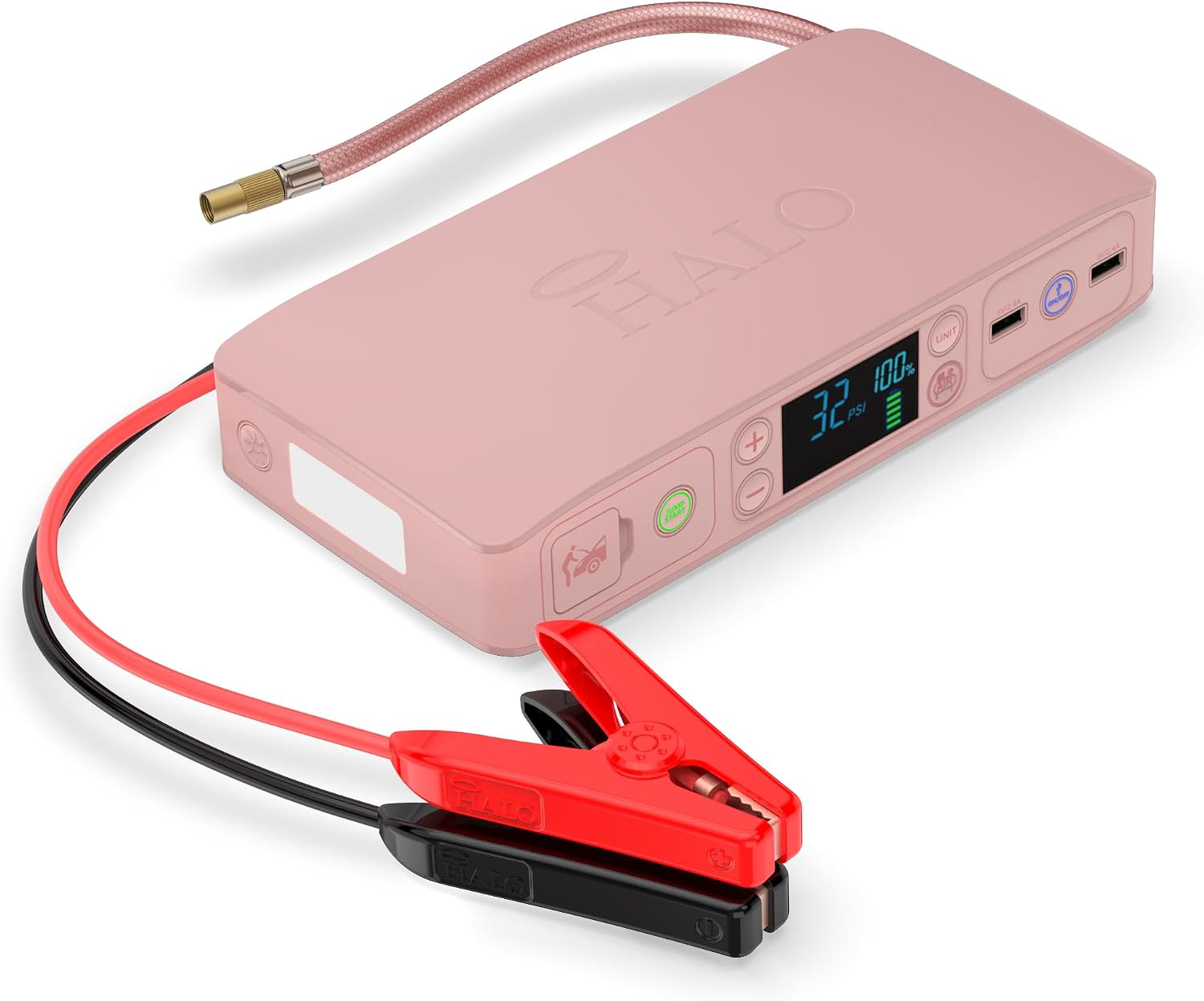 HALO Bolt Air+ 55500 Portable Car Battery Jump Starter | 100 PSI Air Compressor, 55.5Wh USB Power Bank, Emergency Floodlight & Charger, Jumps Cars SUVs & Trucks, Inflates Tires, TSA Approved — Rose