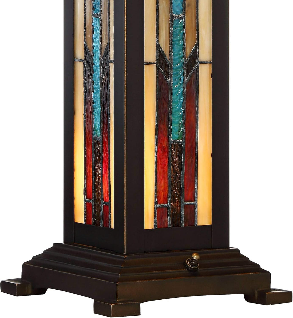 Robert Louis Tiffany Ranier Mission Tiffany Style Table Lamp with Nightlight 25' High Bronze Brown Antique Stained Art Glass for Cottage Core Living Room Bedroom House Bedside Nightstand Home Family